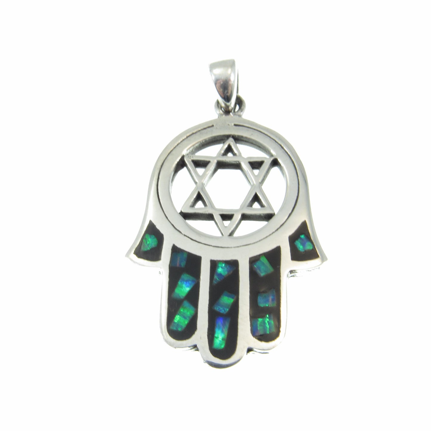 Solid 925 Sterling Silver Hamsa Hand & Star of David Pendant – Jewish Protection Symbol - Lab Opal Inlay - Judaica Gift for Men and Women