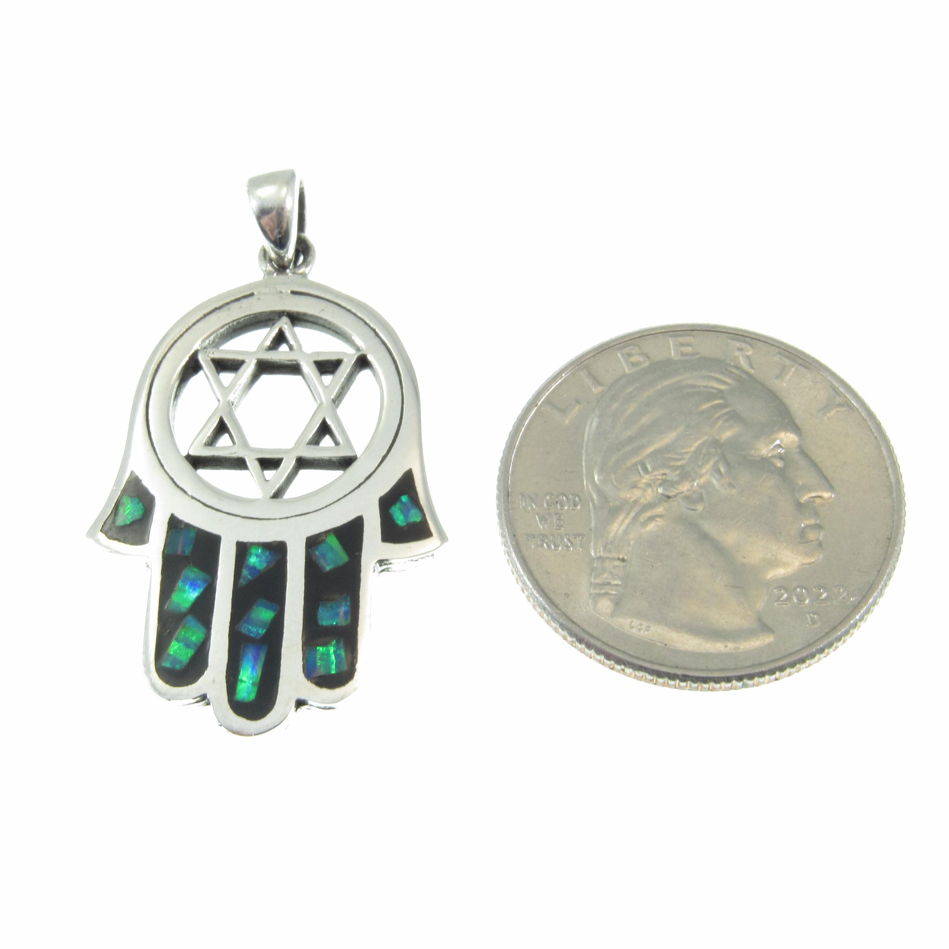 Solid 925 Sterling Silver Hamsa Hand & Star of David Pendant – Jewish Protection Symbol - Lab Opal Inlay - Judaica Gift for Men and Women