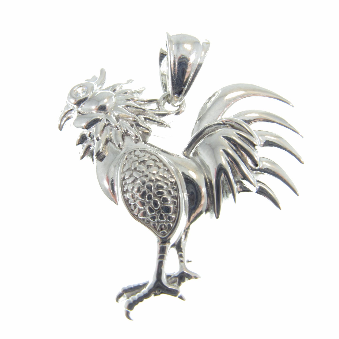 Men's Solid 925 Sterling Silver Rooster Pendant, Rhodium Plated Hip Hop Pendant with Clear CZ Accents, Edgy Iced Out Urban Jewelry for Him