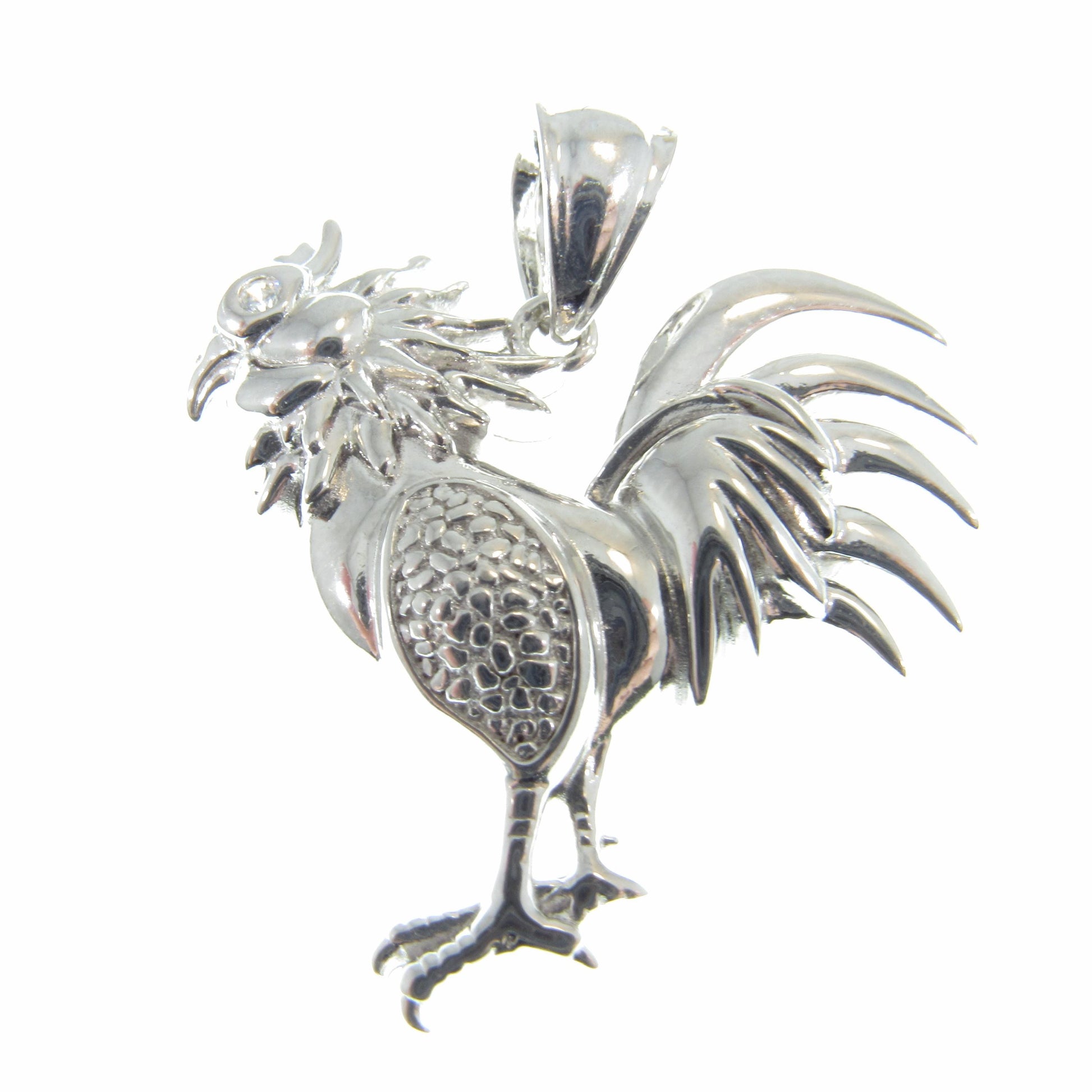Men's Solid 925 Sterling Silver Rooster Pendant, Rhodium Plated Hip Hop Pendant with Clear CZ Accents, Edgy Iced Out Urban Jewelry for Him