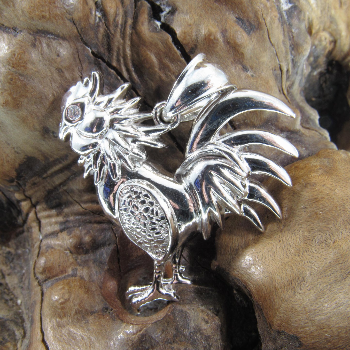 Men's Solid 925 Sterling Silver Rooster Pendant, Rhodium Plated Hip Hop Pendant with Clear CZ Accents, Edgy Iced Out Urban Jewelry for Him