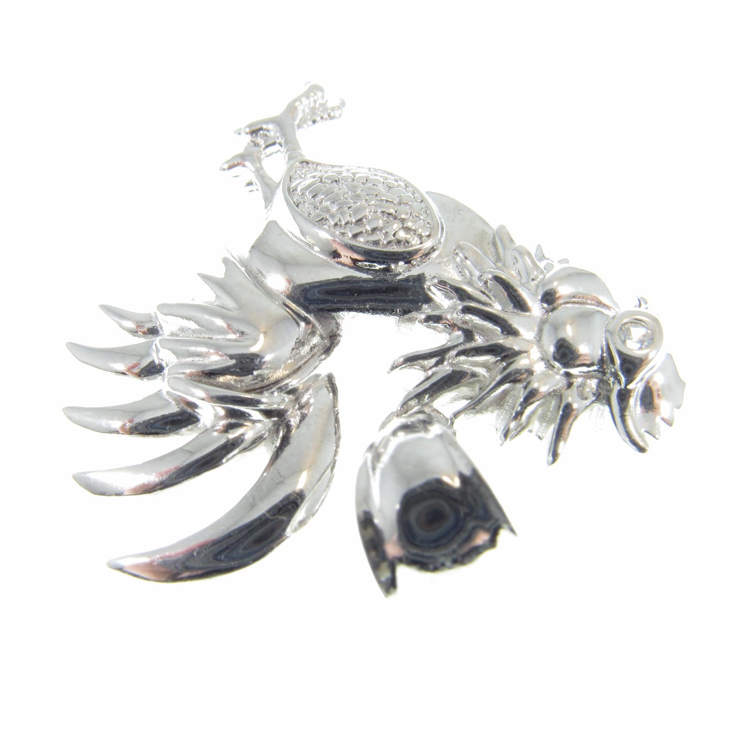 Men's Solid 925 Sterling Silver Rooster Pendant, Rhodium Plated Hip Hop Pendant with Clear CZ Accents, Edgy Iced Out Urban Jewelry for Him