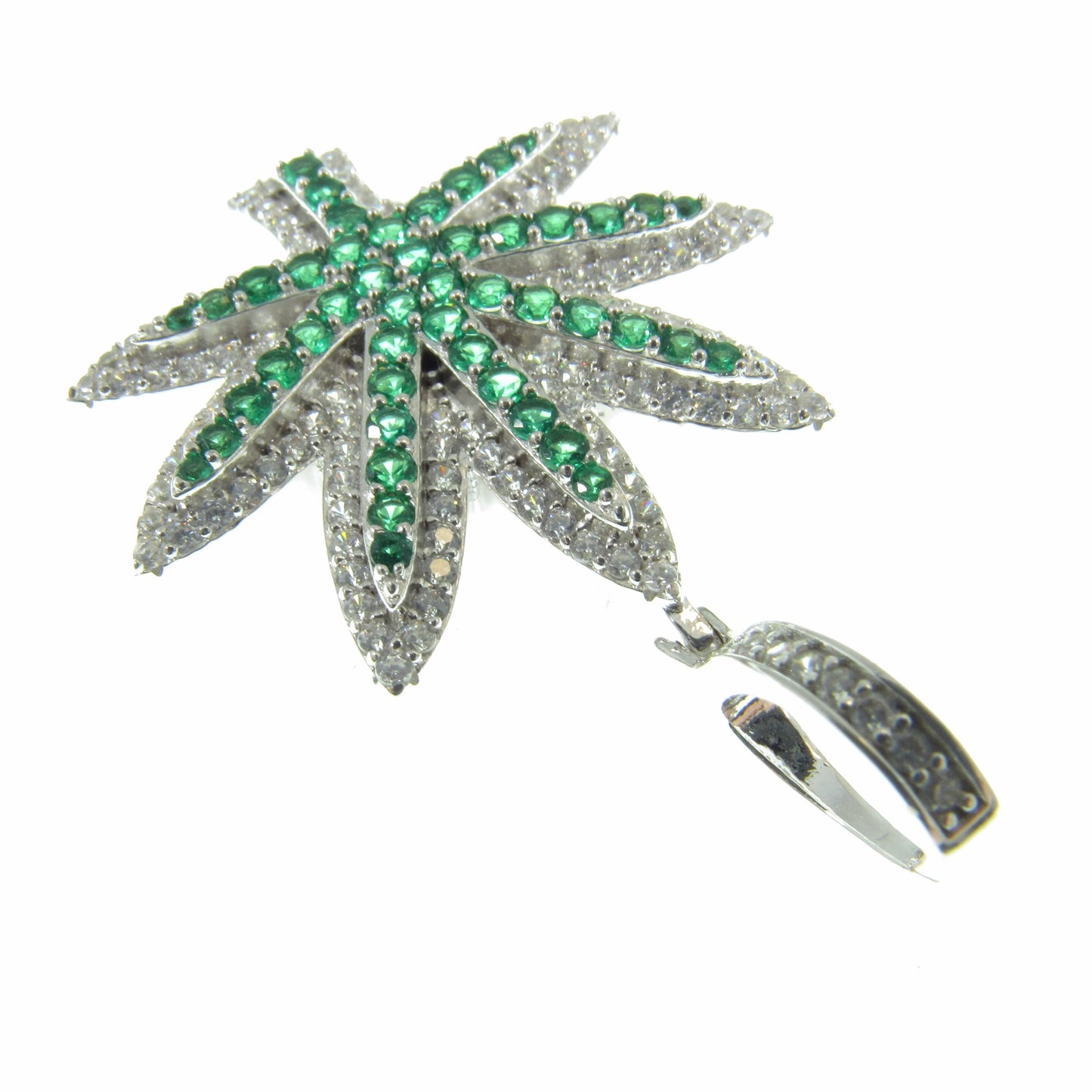 Men's Solid 925 Sterling Silver Cannibus Leaf Pendant, Rhodium Plated Iced Out Marijuana Plant, Hip Hop Jewelry with Green and Clear CZs