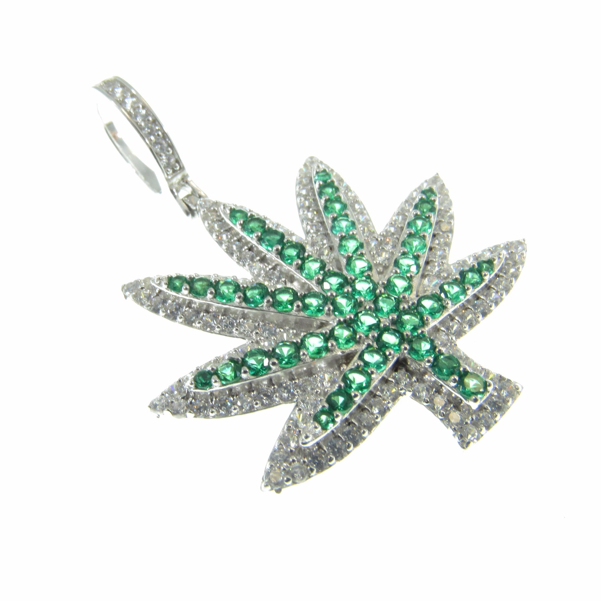 Men's Solid 925 Sterling Silver Cannibus Leaf Pendant, Rhodium Plated Iced Out Marijuana Plant, Hip Hop Jewelry with Green and Clear CZs