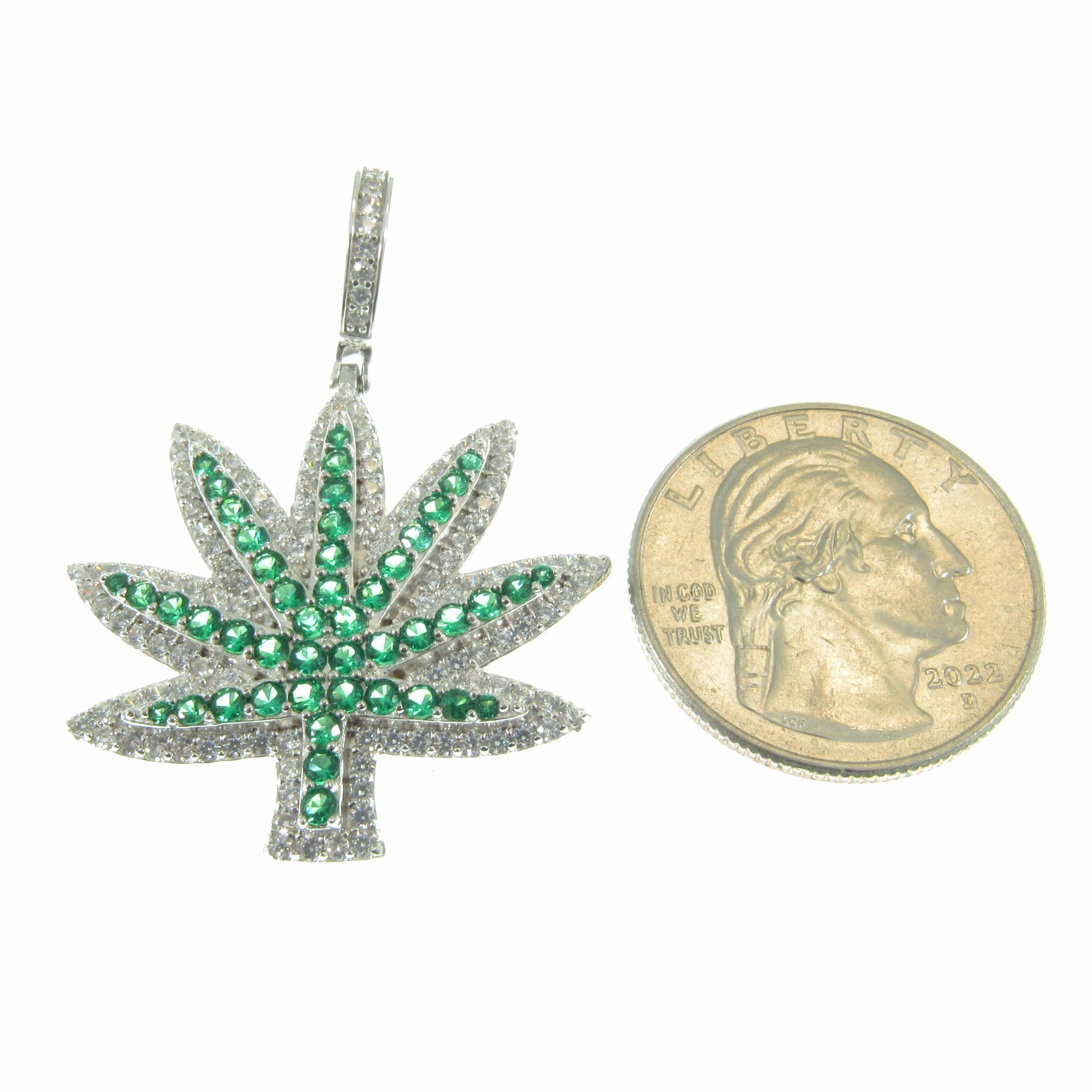 Men's Solid 925 Sterling Silver Cannibus Leaf Pendant, Rhodium Plated Iced Out Marijuana Plant, Hip Hop Jewelry with Green and Clear CZs