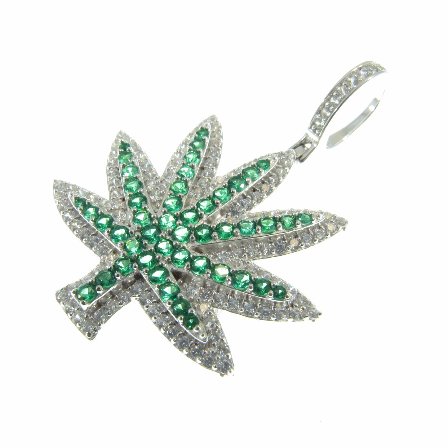 Men's Solid 925 Sterling Silver Cannibus Leaf Pendant, Rhodium Plated Iced Out Marijuana Plant, Hip Hop Jewelry with Green and Clear CZs