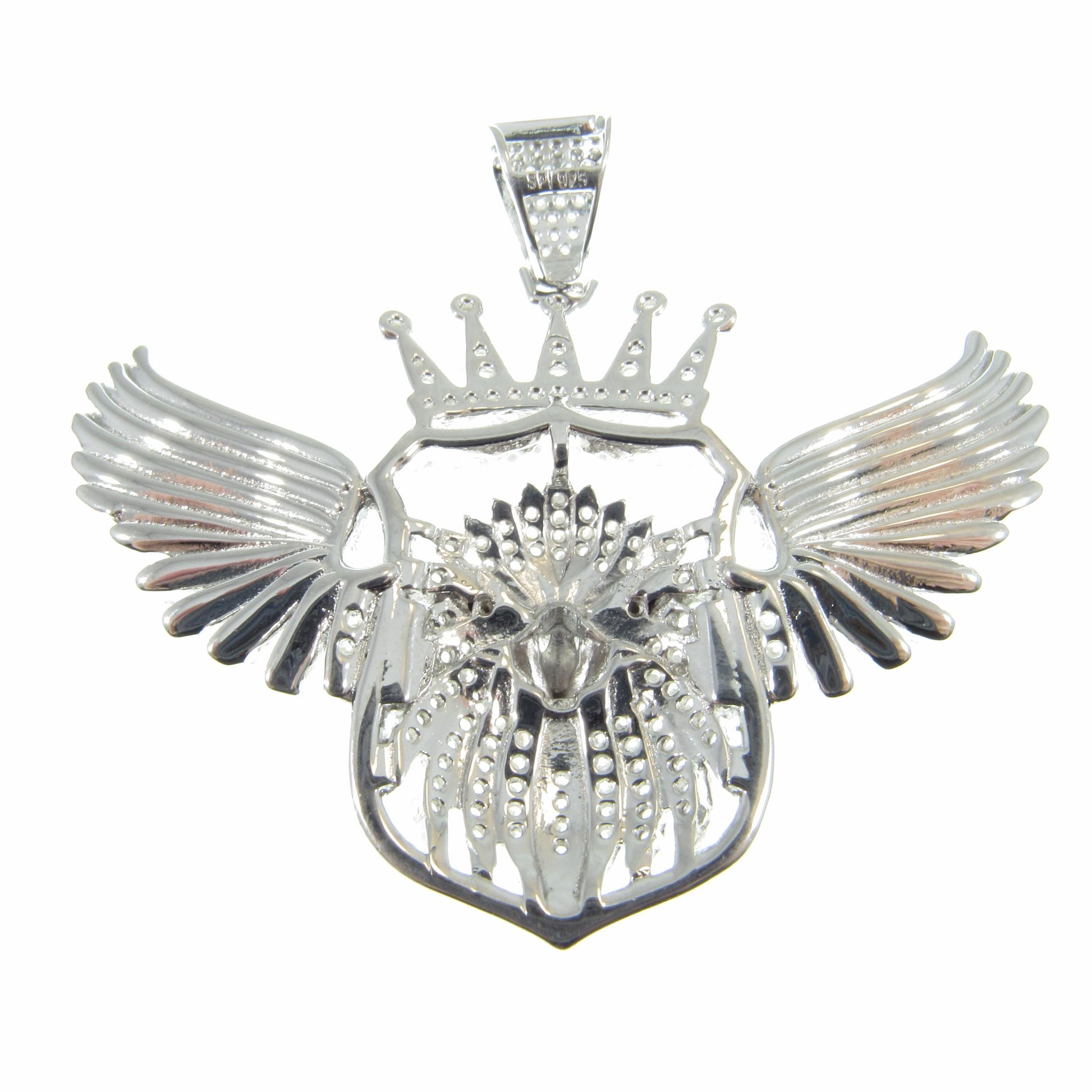 Men's Solid 925 Sterling Silver Crowned Eagle Pendant, Rhodium Plated Hip Hop Jewelry, Iced Out White Clear CZs, Edgy Urban Patriot Jewelry