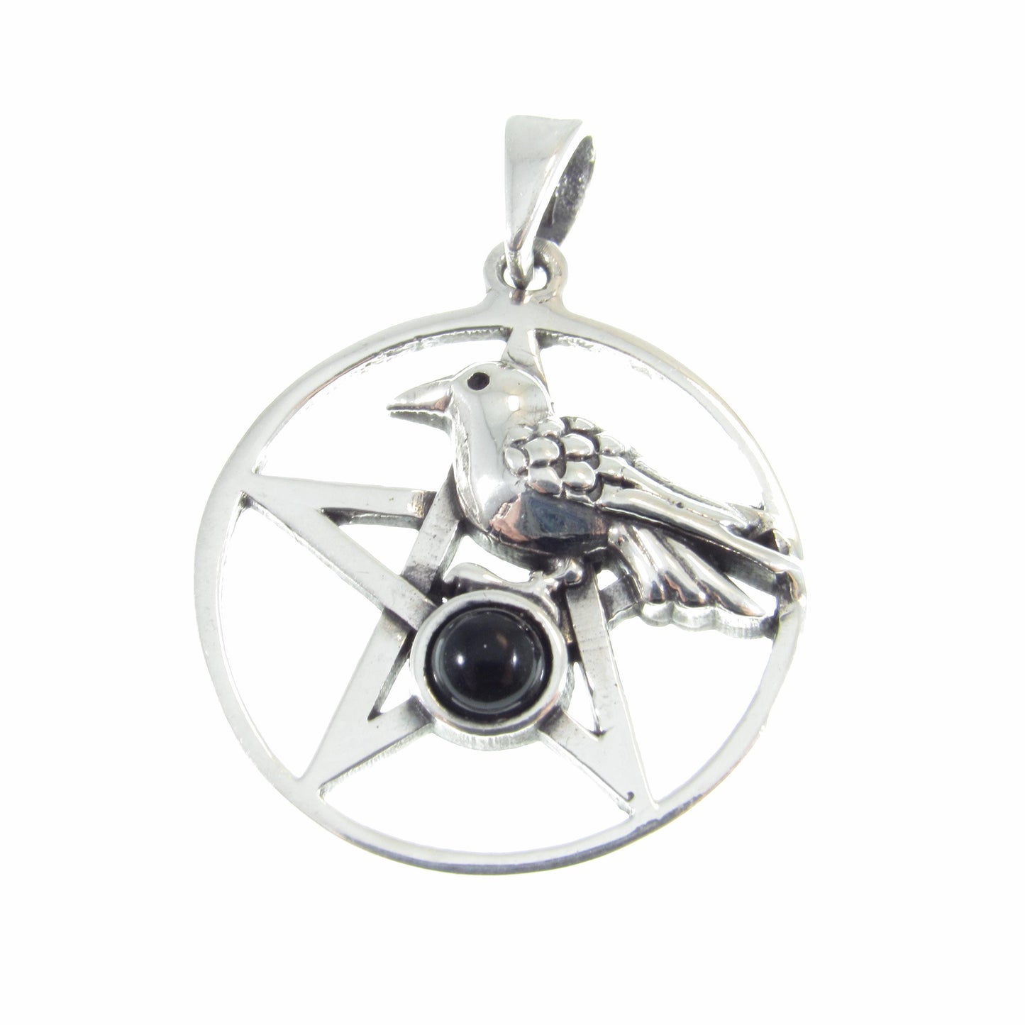 Solid 925 Sterling Silver Crow and Pentacle Pendant with Black Onyx Gemstone, Raven Pentagram, Wiccan & Pagan Jewelry, Gothic Witchy Charm