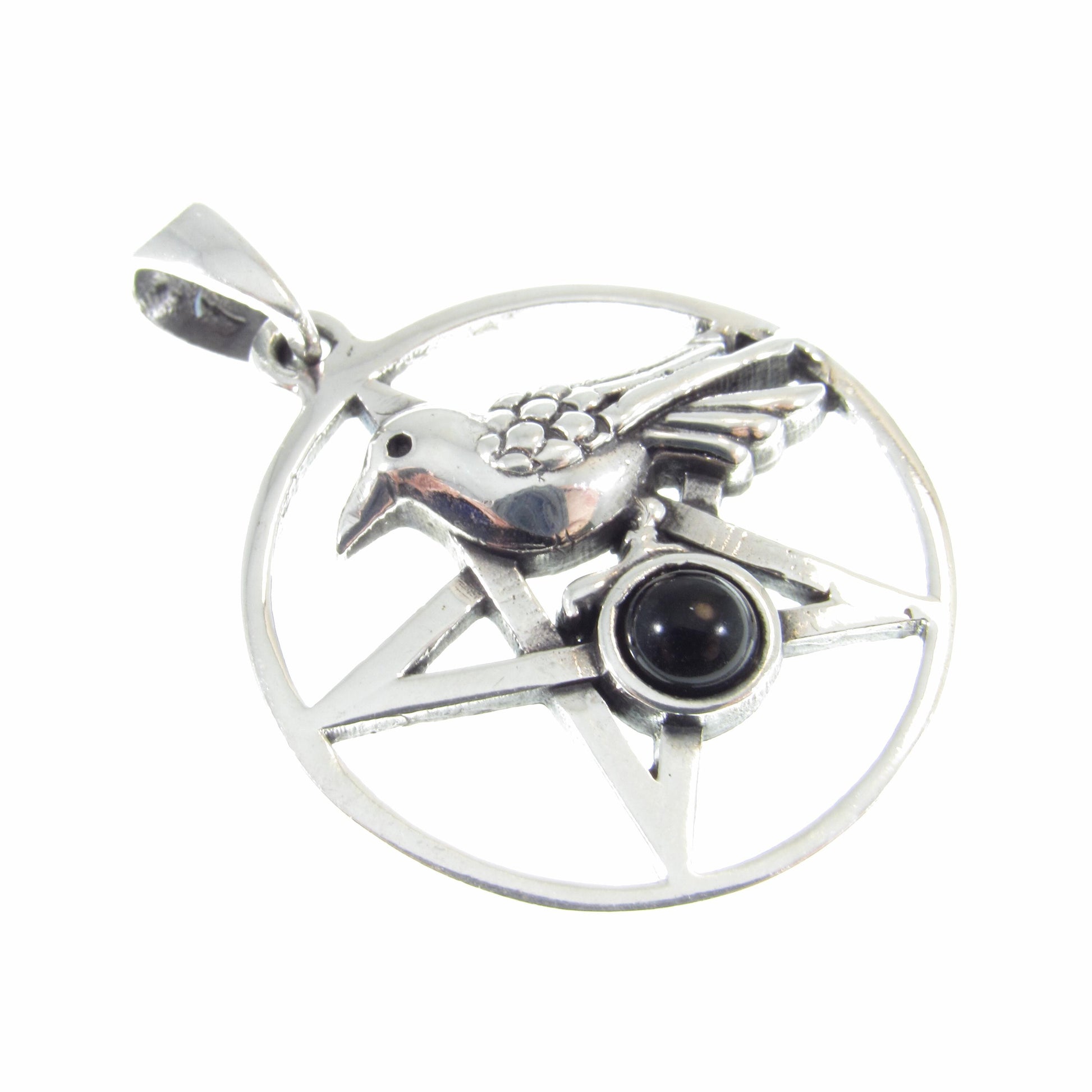 Solid 925 Sterling Silver Crow and Pentacle Pendant with Black Onyx Gemstone, Raven Pentagram, Wiccan & Pagan Jewelry, Gothic Witchy Charm