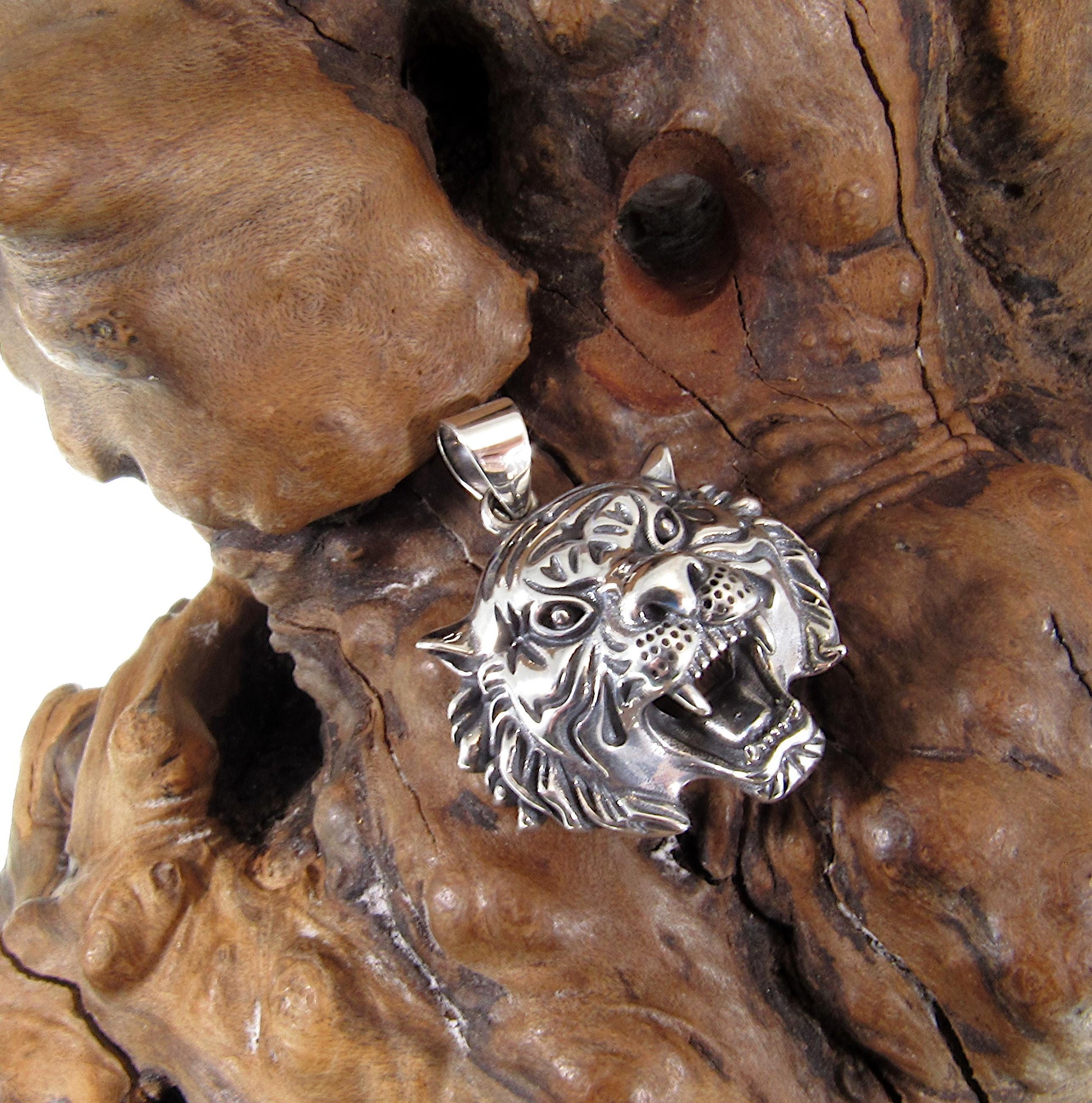 Solid 925 Sterling Silver Tiger Head Pendant, Spirit Animal Totem, Handcrafted Animal and Wildlife Jewelry Charm