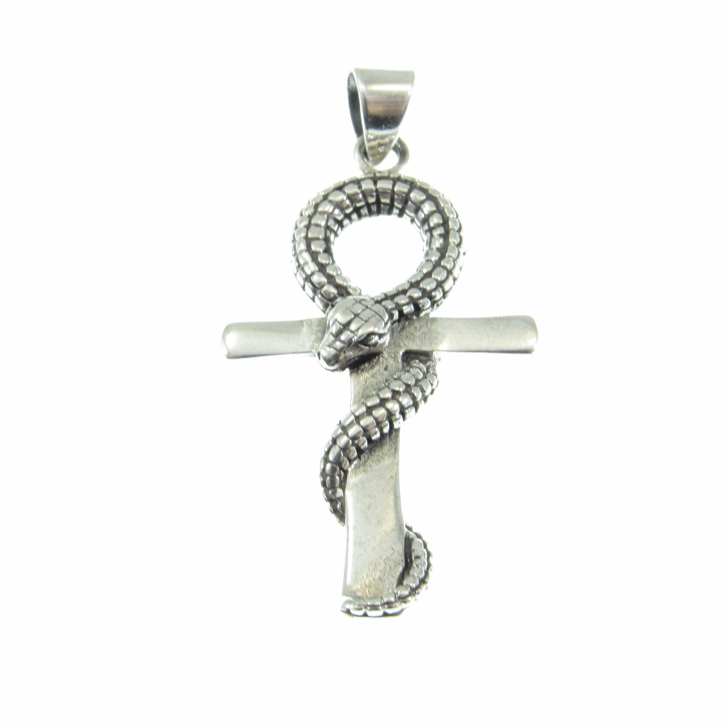 Solid 925 Sterling Silver Ankh Pendant with Snake – Egyptian Symbol of Life & Power, Serpent Cross, Gothic Occult Jewelry, Protection Amulet