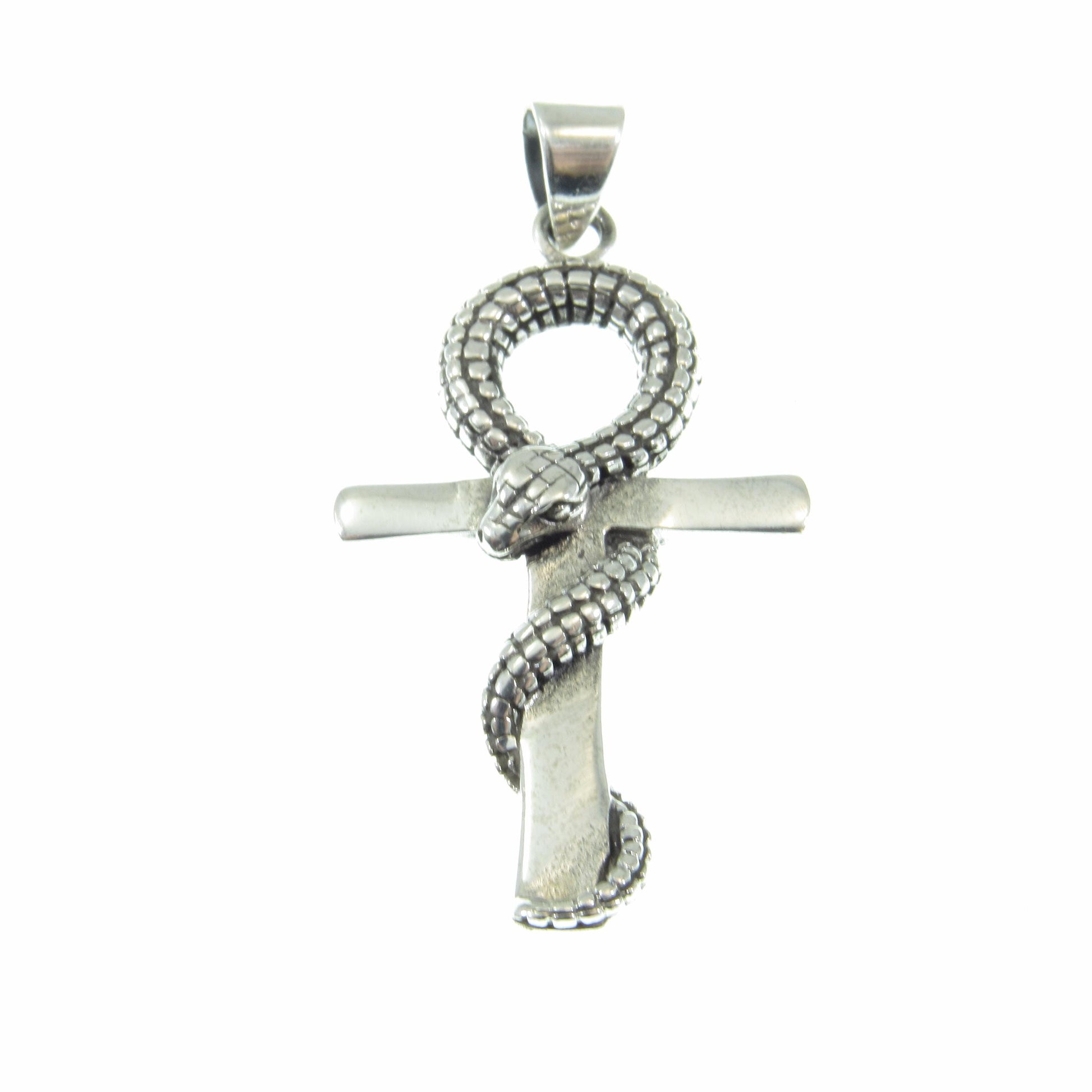 Solid 925 Sterling Silver Ankh Pendant with Snake – Egyptian Symbol of Life & Power, Serpent Cross, Gothic Occult Jewelry, Protection Amulet