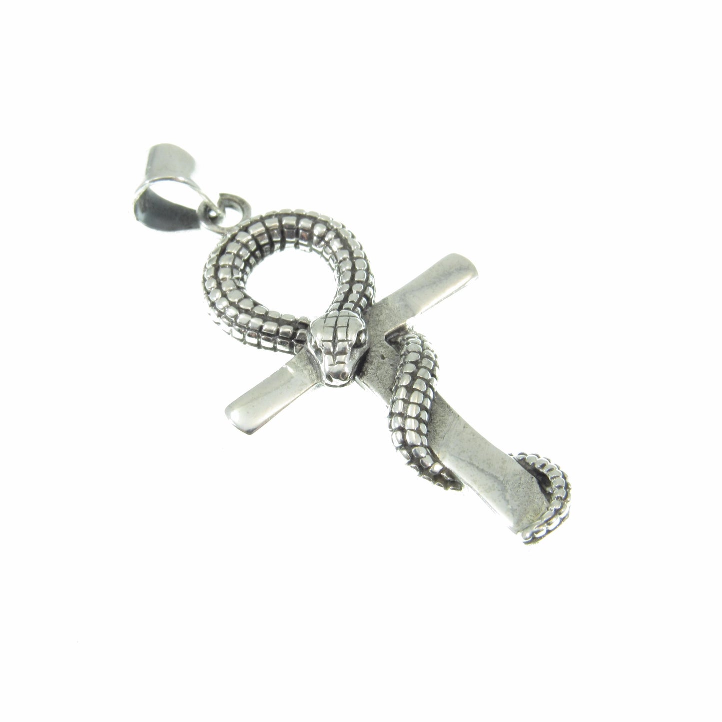 Solid 925 Sterling Silver Ankh Pendant with Snake – Egyptian Symbol of Life & Power, Serpent Cross, Gothic Occult Jewelry, Protection Amulet
