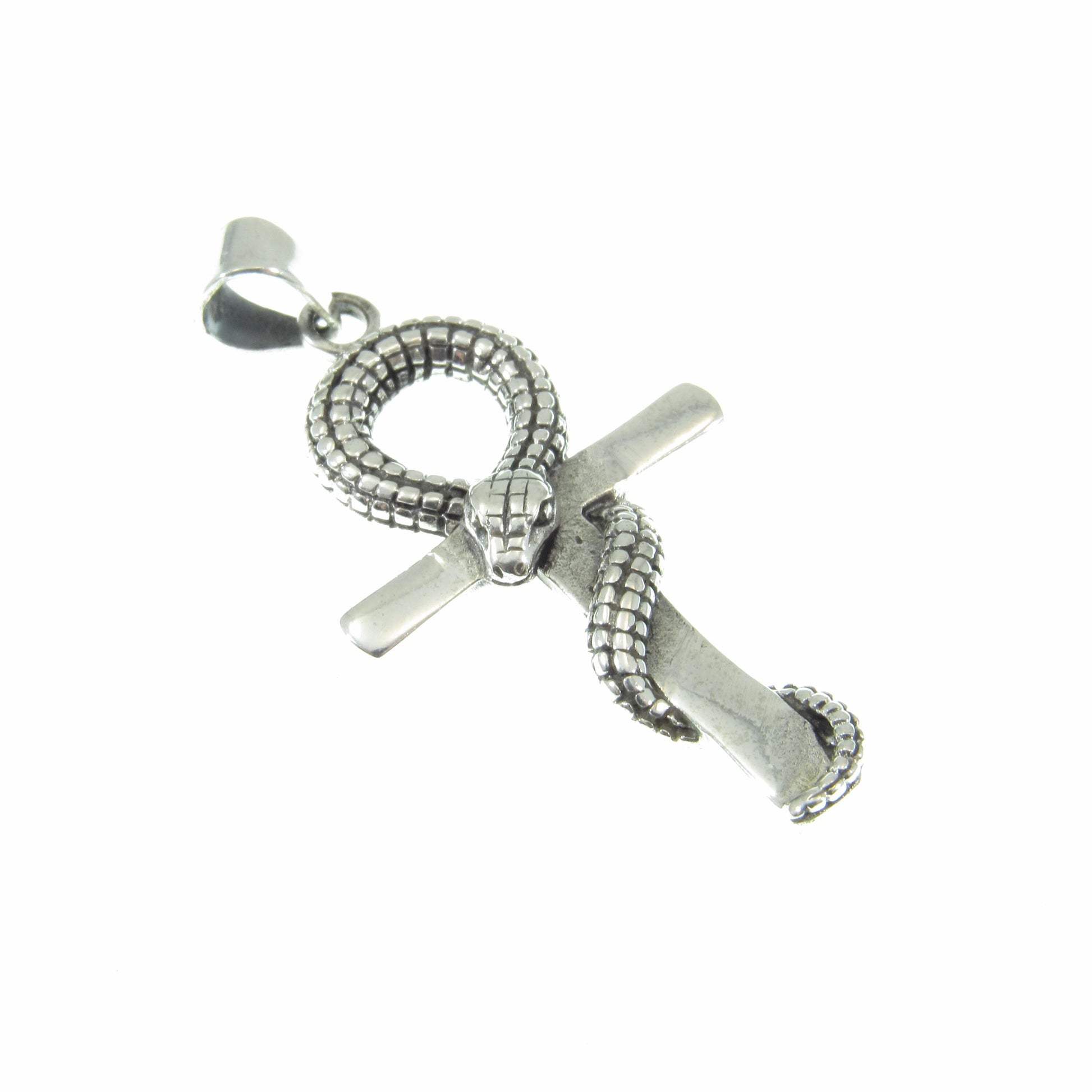 Solid 925 Sterling Silver Ankh Pendant with Snake – Egyptian Symbol of Life & Power, Serpent Cross, Gothic Occult Jewelry, Protection Amulet