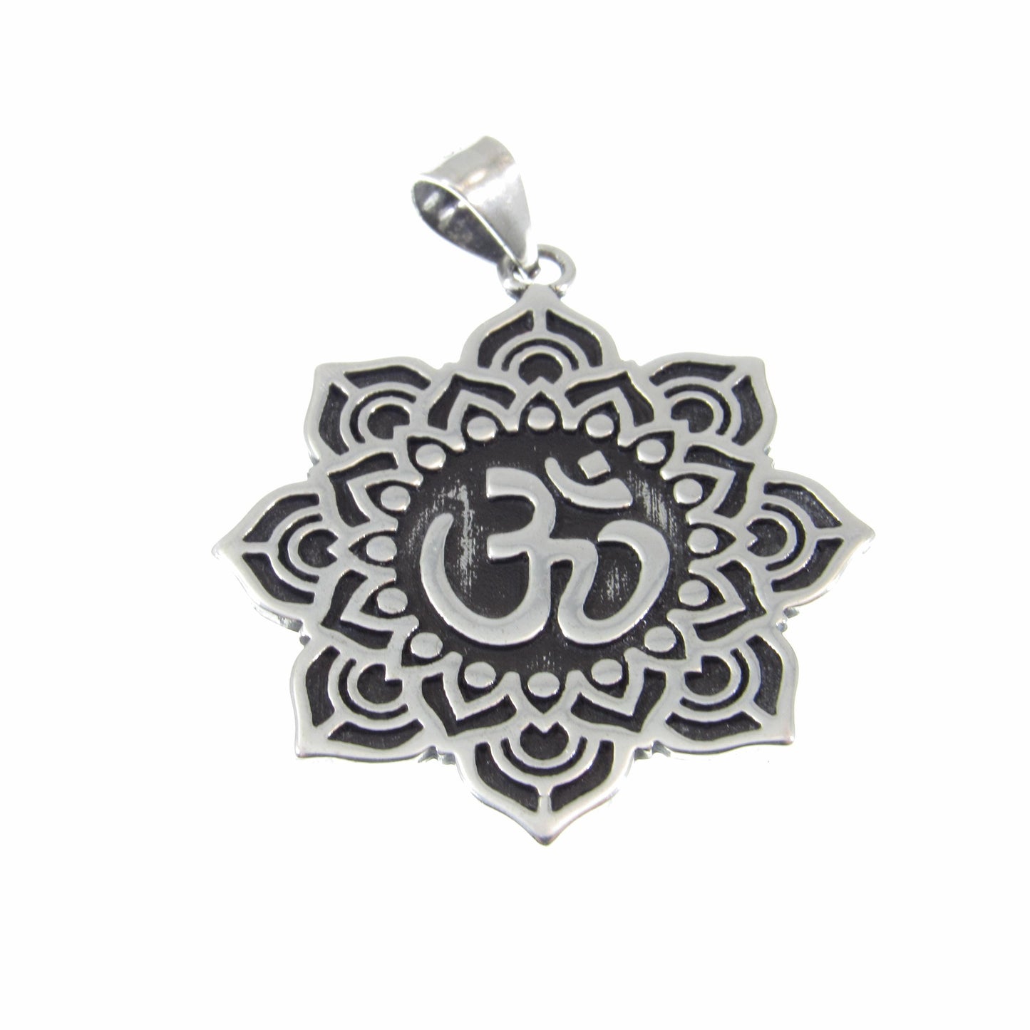 Solid 925 Sterling Silver Om / Aum / Ohm Mandala Lotus Flower Pendant – Spiritual Yoga Amulet, Meditation Symbol Jewelry for Men & Women