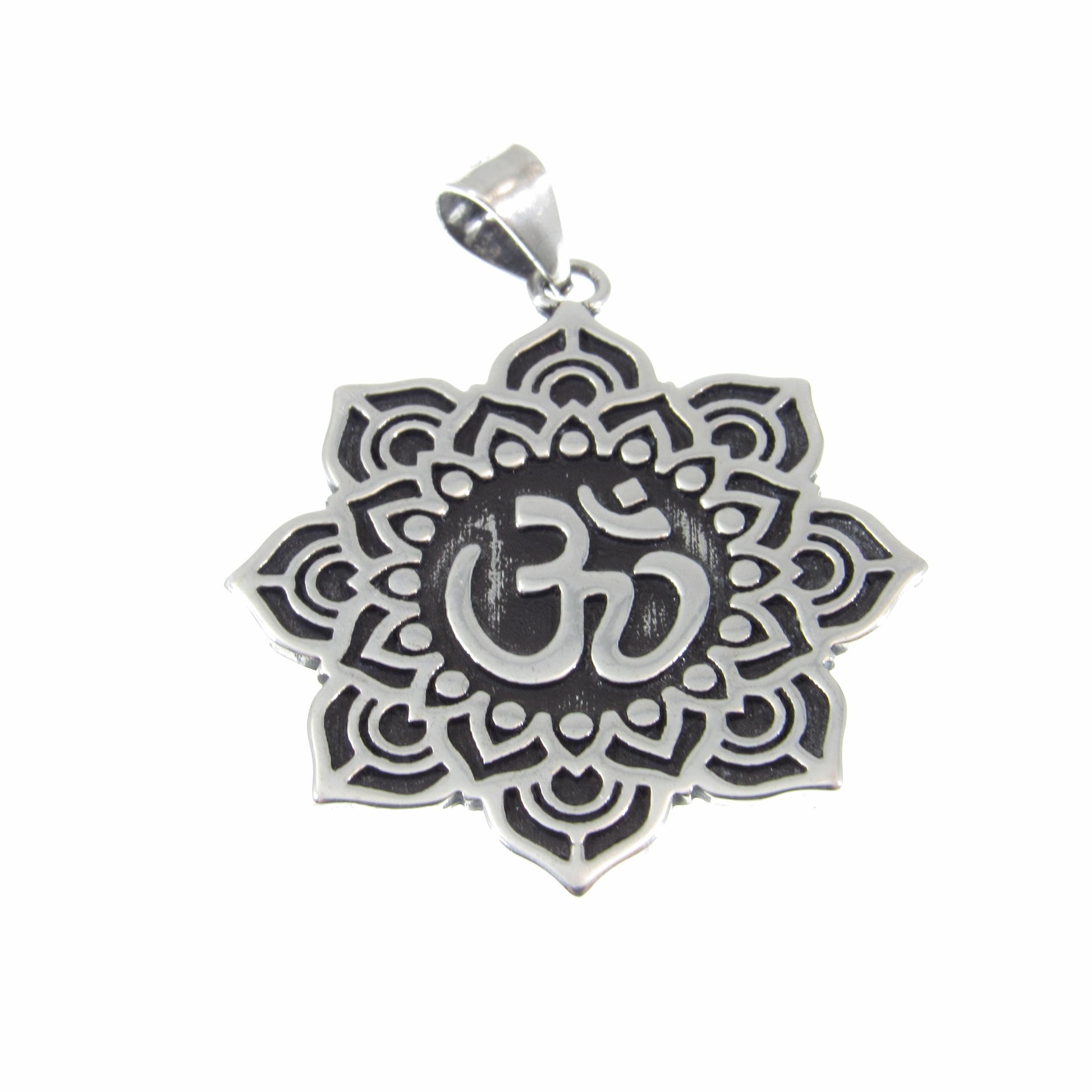 Solid 925 Sterling Silver Om / Aum / Ohm Mandala Lotus Flower Pendant – Spiritual Yoga Amulet, Meditation Symbol Jewelry for Men & Women