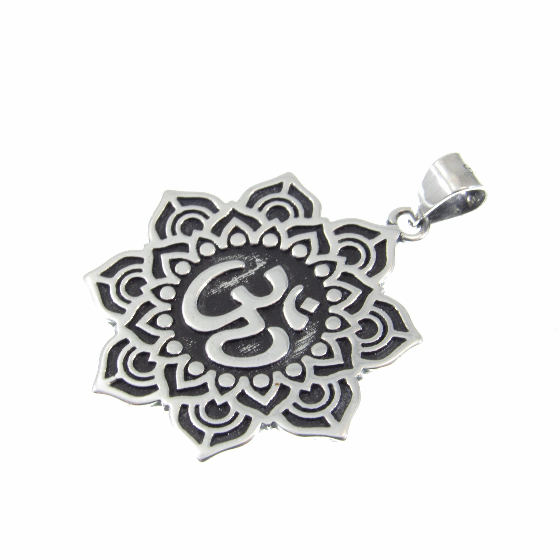 Solid 925 Sterling Silver Om / Aum / Ohm Mandala Lotus Flower Pendant – Spiritual Yoga Amulet, Meditation Symbol Jewelry for Men & Women