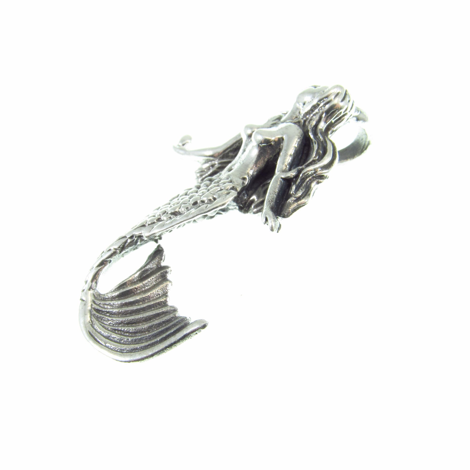 Solid 925 Sterling Silver 3D Mermaid Slide Pendant - Handcrafted Fantasy Necklace Pendant - Mythical Sea Creature Gift for Men & Women