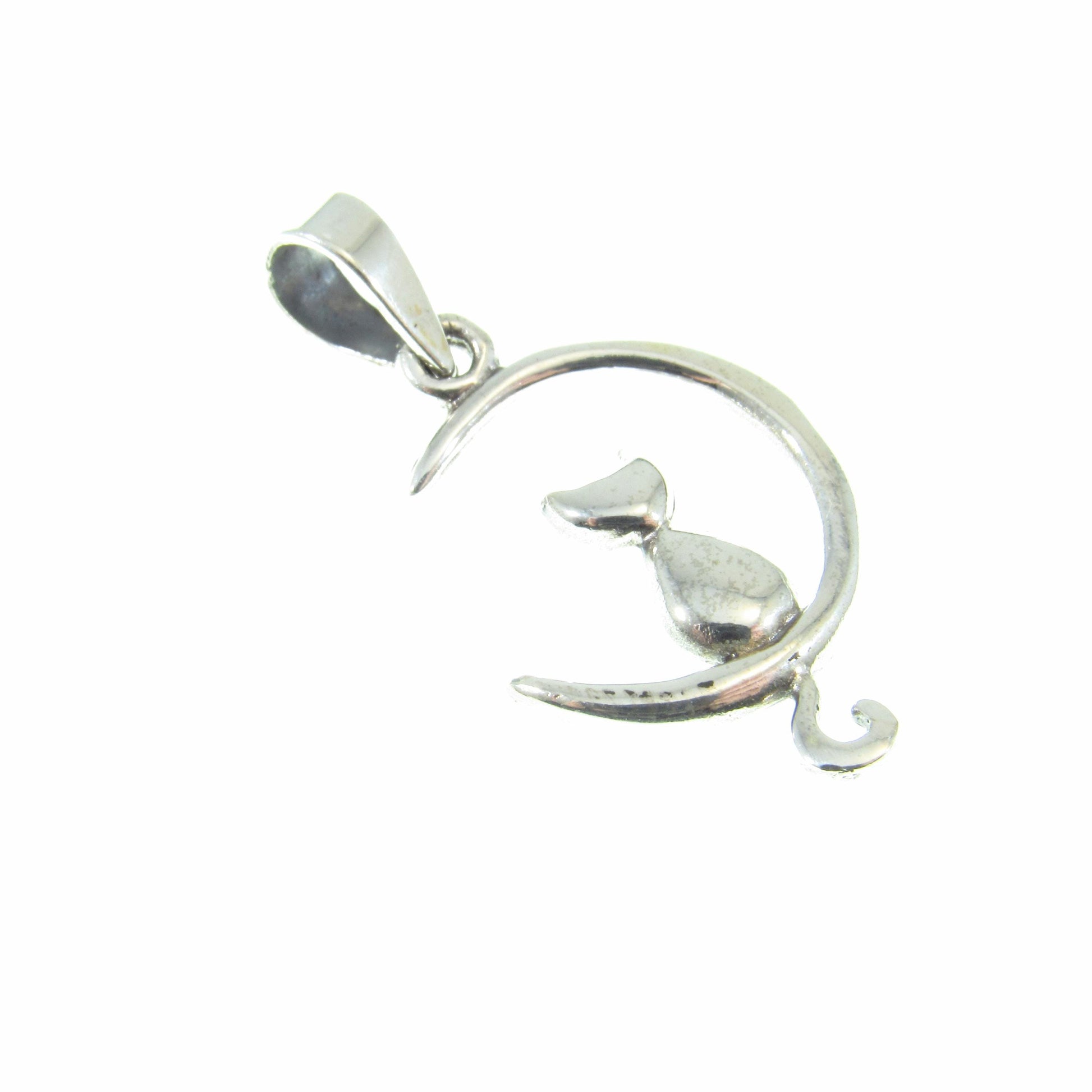 Solid 925 Sterling Silver Cat Moon Pendant – Crescent Moon Cat Necklace Charm, Feline Jewelry, Witchy Cat Lover Gift, Celestial Charm