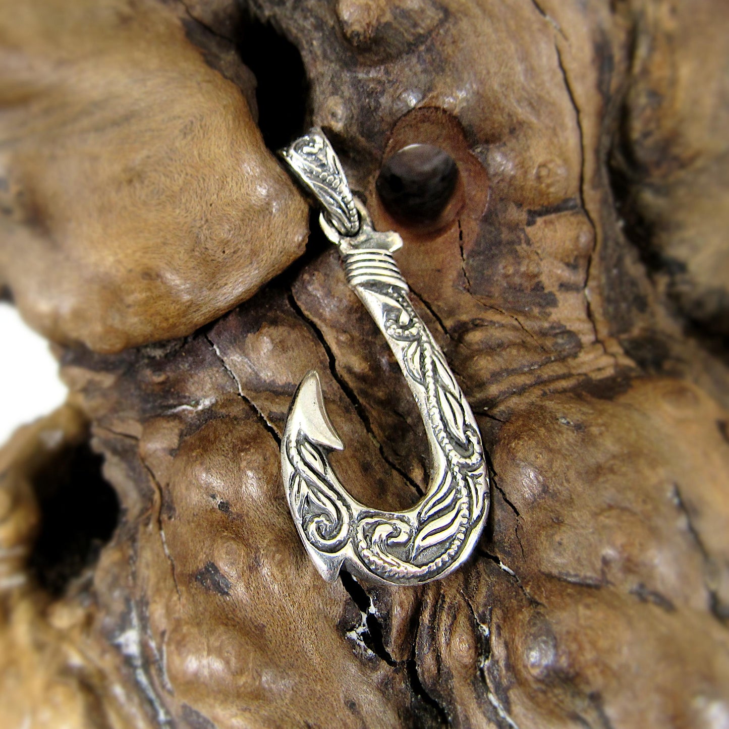 Solid Sterling Silver Hawaiian Fish Hook Pendant - Engraved Polynesian Necklace Pendant, Men's Silver Hook Charm, Nautical Jewelry Gift