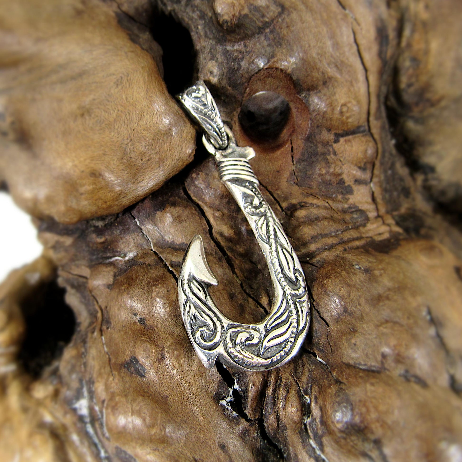 Solid Sterling Silver Hawaiian Fish Hook Pendant - Engraved Polynesian Necklace Pendant, Men's Silver Hook Charm, Nautical Jewelry Gift