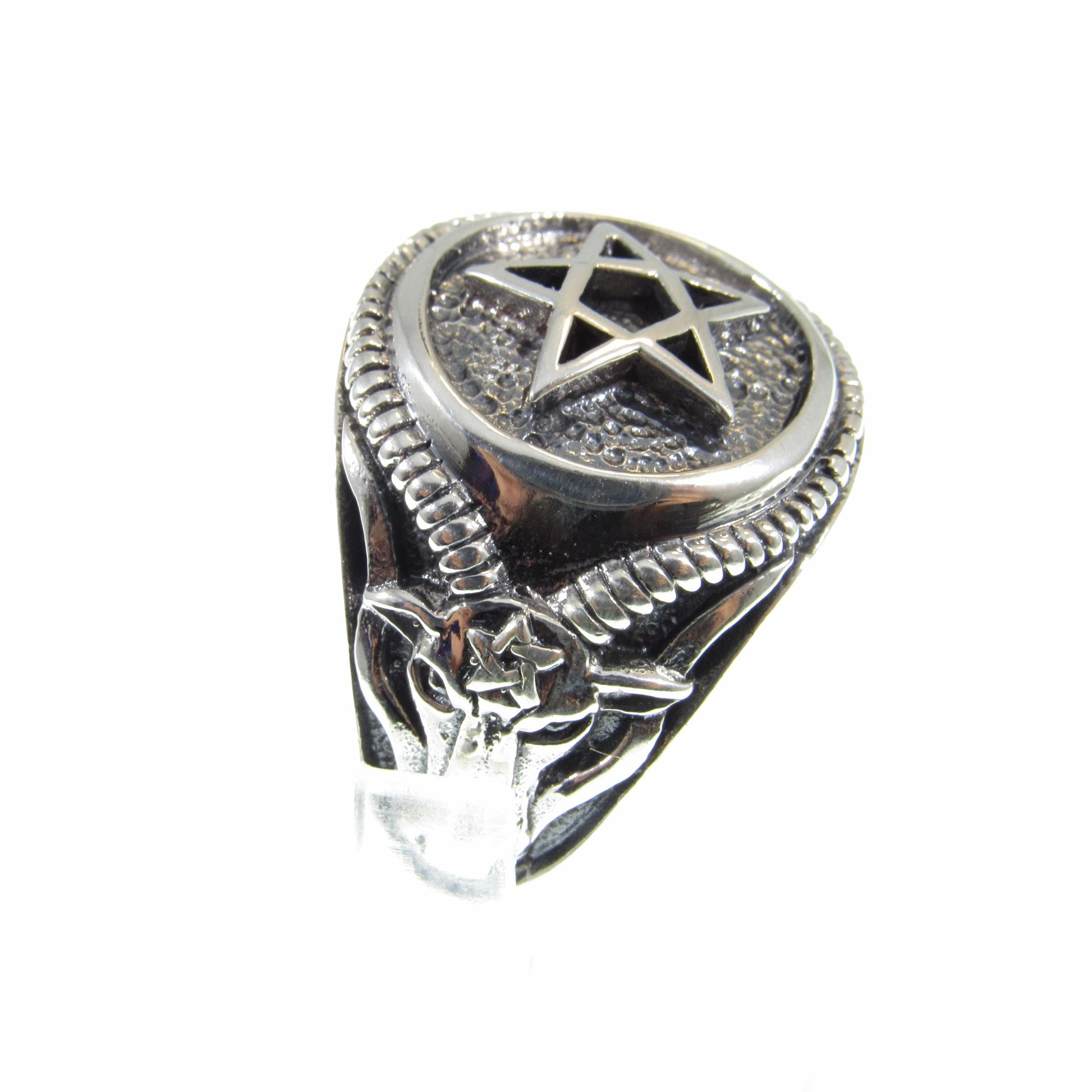 Solid 925 Sterling Silver Men's Pentagram and Baphomet Ring, Handcrafted Signet Pendant on Nylon Cord, Unique Alternative & Edgy Jewelry