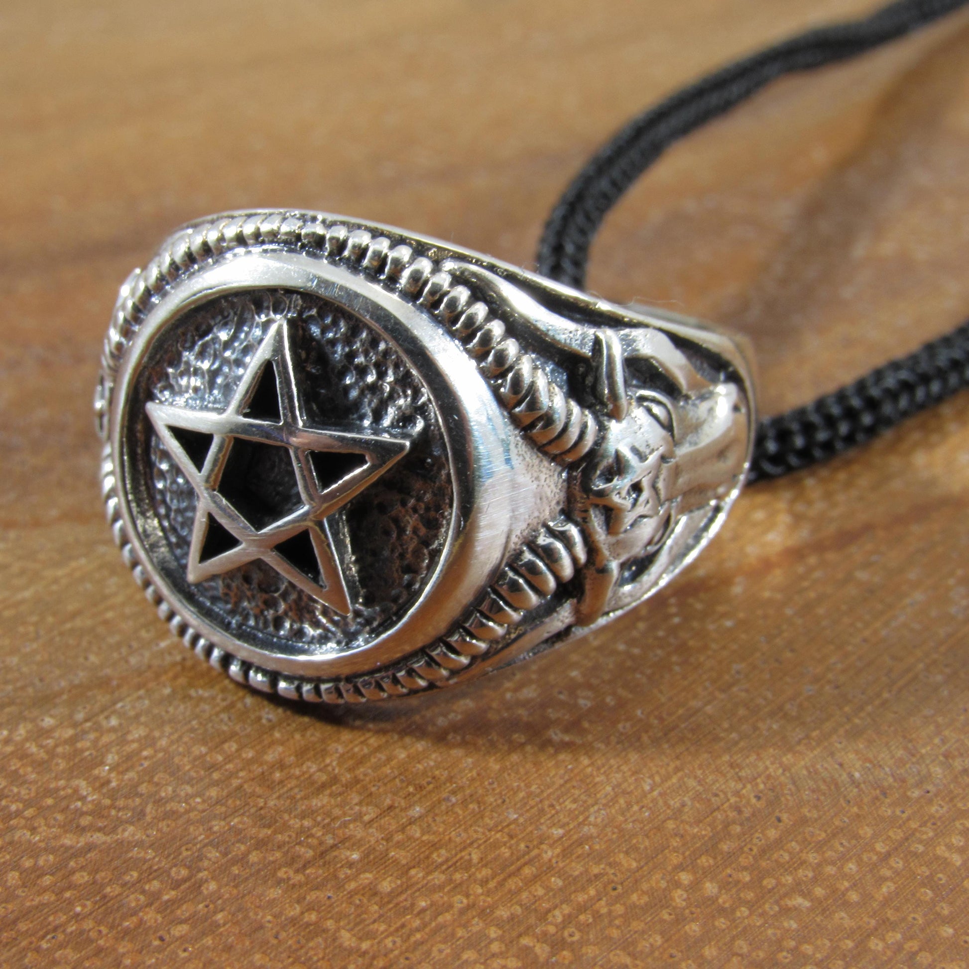 Solid 925 Sterling Silver Men's Pentagram and Baphomet Ring, Handcrafted Signet Pendant on Nylon Cord, Unique Alternative & Edgy Jewelry