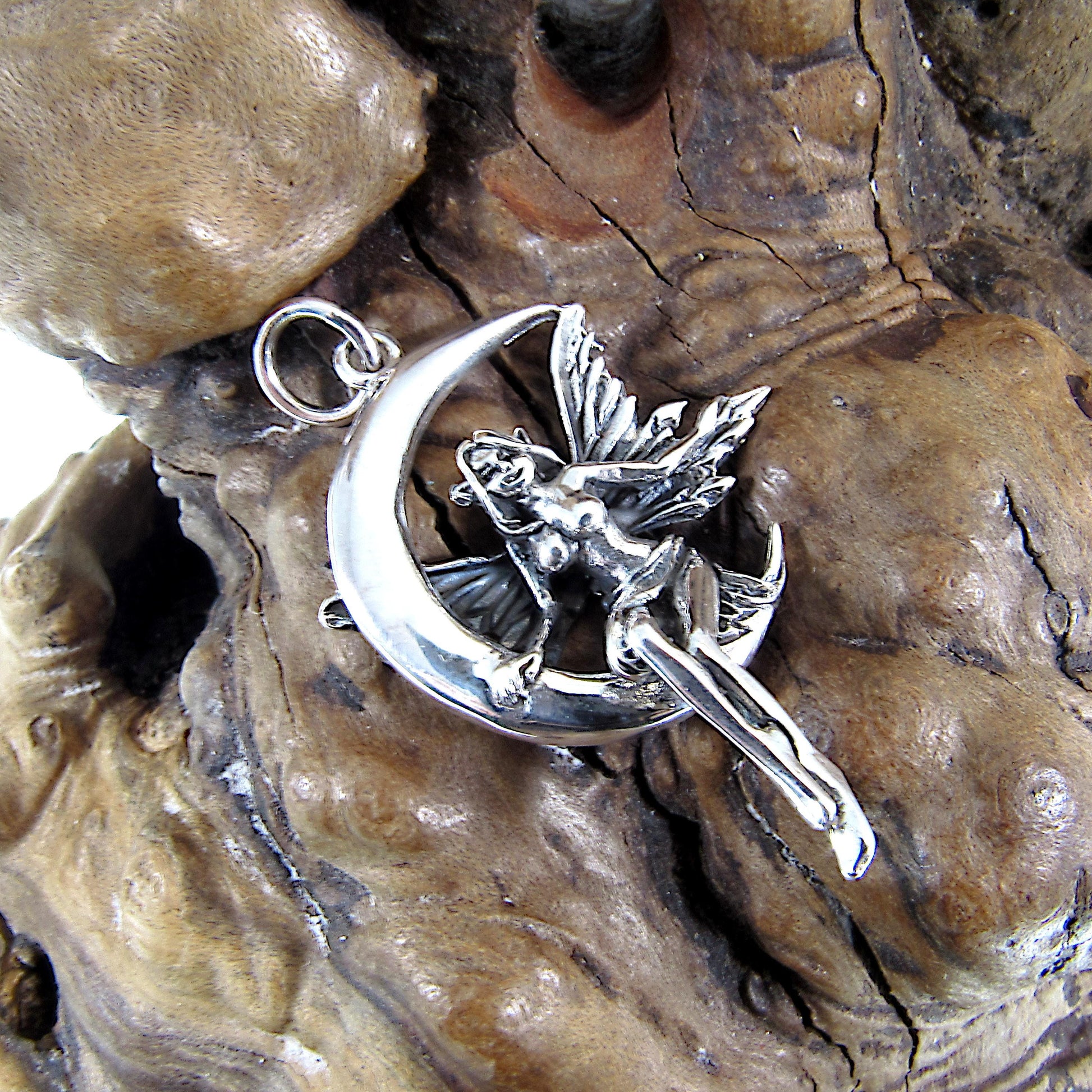 Solid 925 Sterling Silver Fairy on Crescent Moon Pendant, Magical Celestial Amulet, Whimsical Enchanting Moonlit Faerie Jewelry