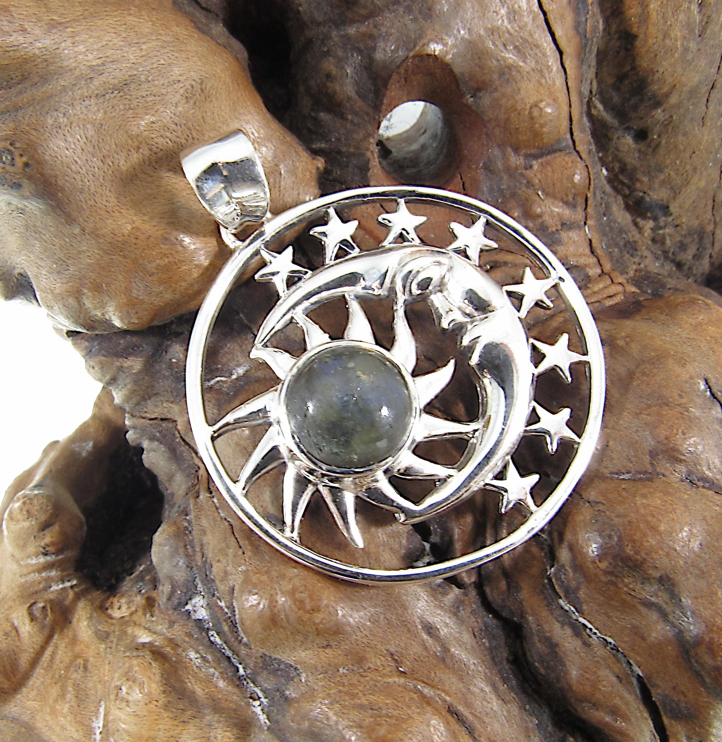 Solid 925 Sterling Silver Sun Moon & Stars Pendant, Handcrafted with Gemstone, Unique Mystical Amulet, Cosmic Celestial Wiccan Jewelry