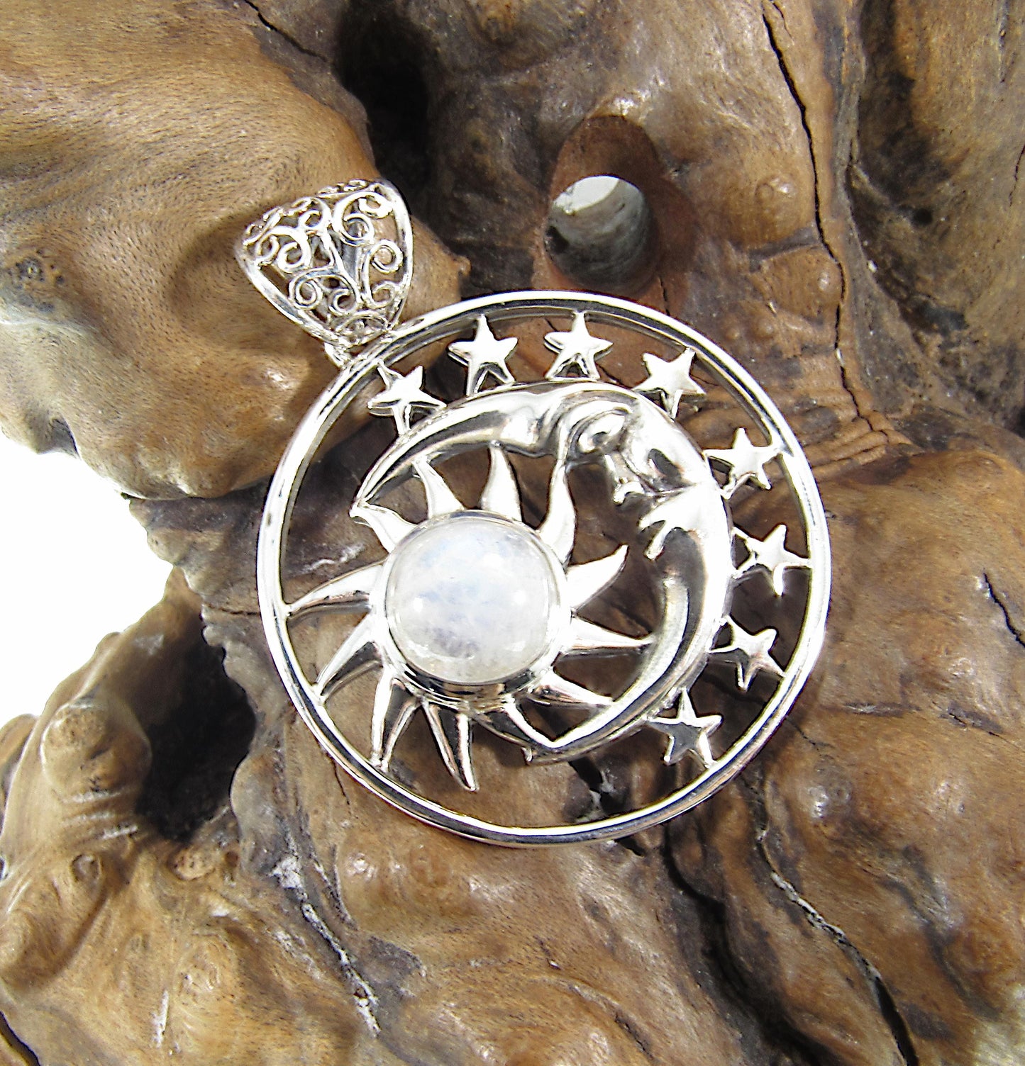 Solid 925 Sterling Silver Sun Moon & Stars Pendant, Handcrafted with Gemstone, Unique Mystical Amulet, Cosmic Celestial Wiccan Jewelry