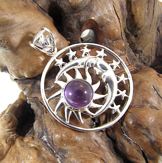 Solid 925 Sterling Silver Sun Moon & Stars Pendant, Handcrafted with Gemstone, Unique Mystical Amulet, Cosmic Celestial Wiccan Jewelry