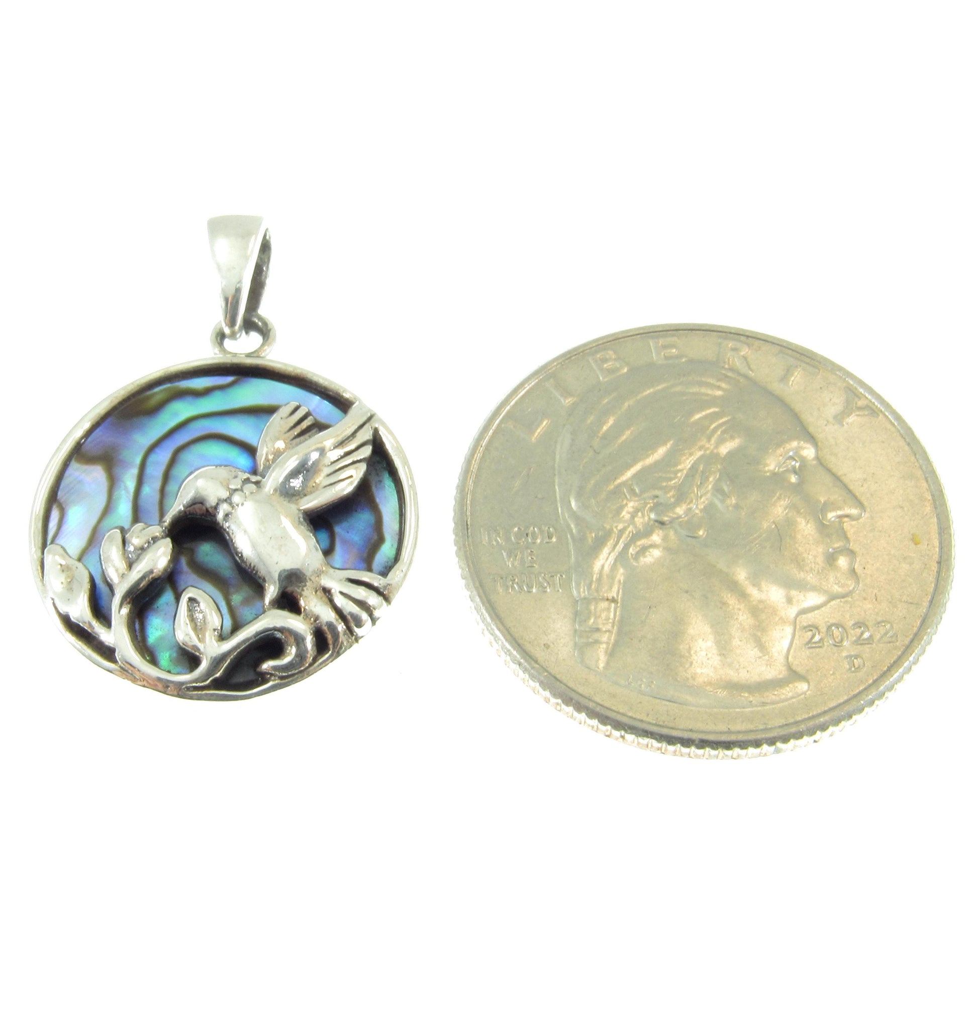 Solid 925 Sterling Silver Hummingbird & Flower Pendant - Colorful Rainbow Paua / Abalone Shell Inlay - Nature Inspired Jewelry Charm
