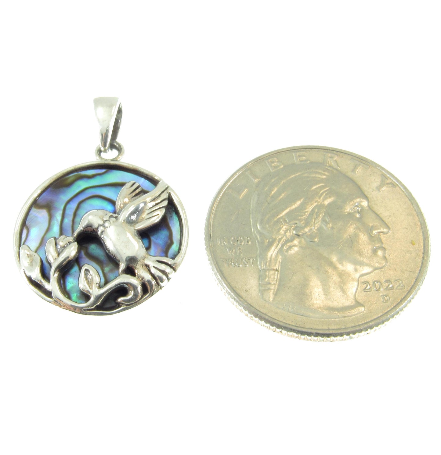 Solid 925 Sterling Silver Hummingbird & Flower Pendant - Colorful Rainbow Paua / Abalone Shell Inlay - Nature Inspired Jewelry Charm