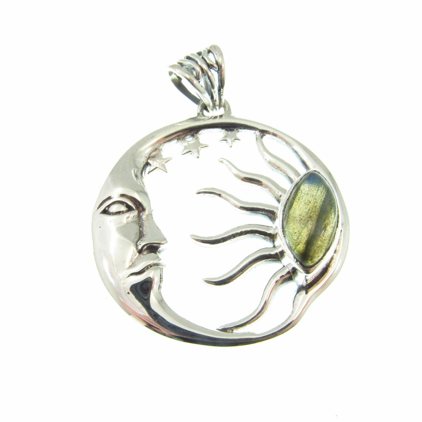 Solid 925 Sterling Silver Sun and Moon Pendant – Labradorite or Rainbow Moonstone Necklace Amulet, Stars & Celestial Jewelry, Wiccan Gift
