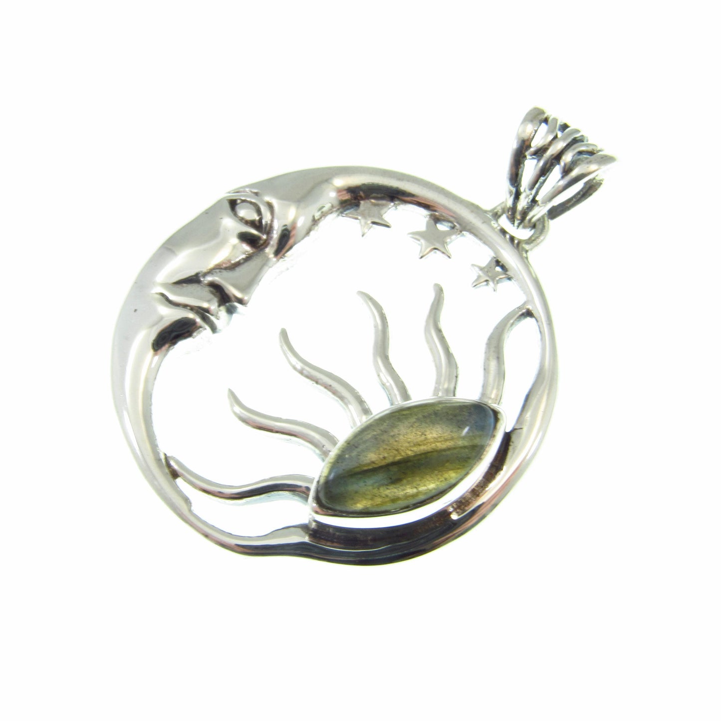 Solid 925 Sterling Silver Sun and Moon Pendant – Labradorite or Rainbow Moonstone Necklace Amulet