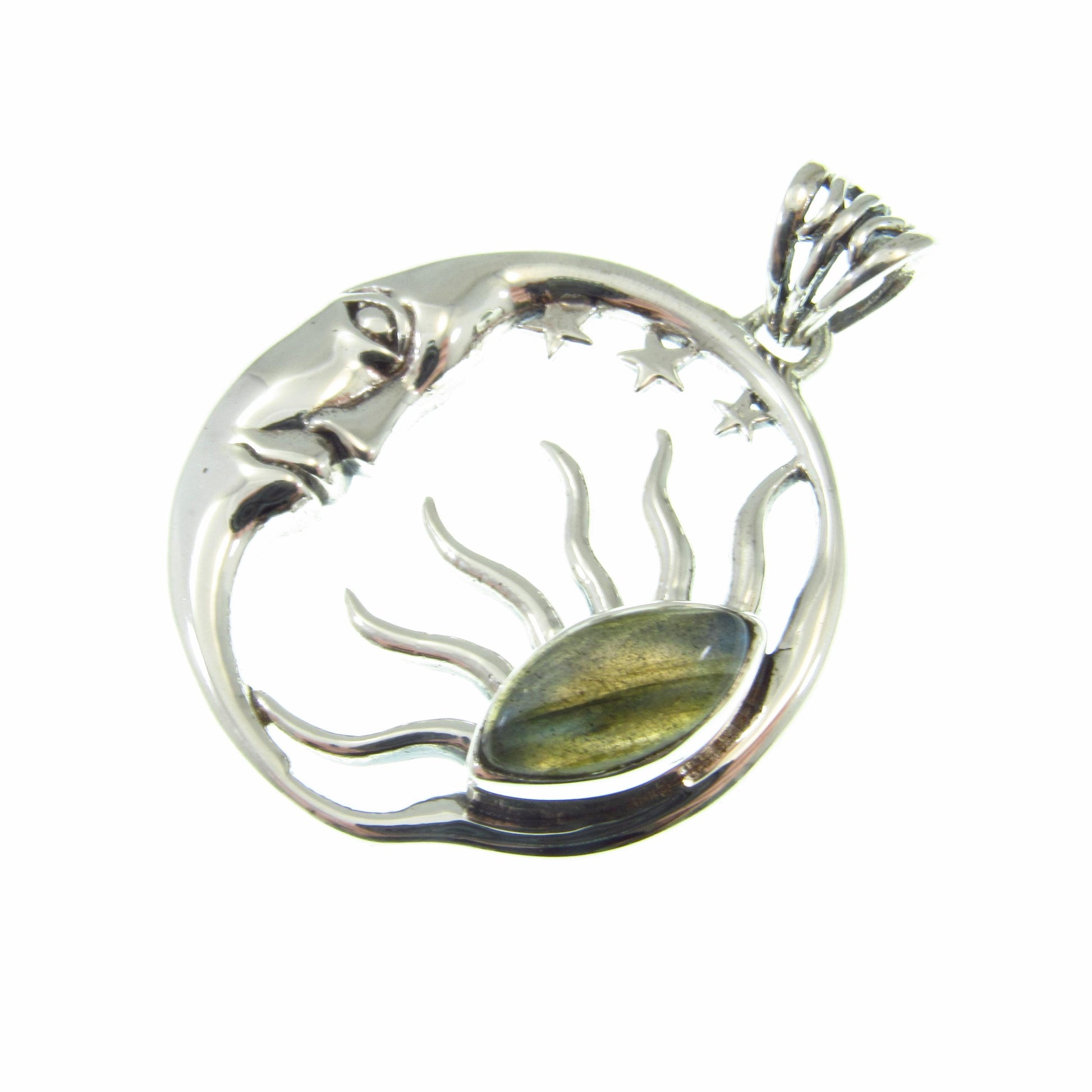 Solid 925 Sterling Silver Sun and Moon Pendant – Labradorite or Rainbow Moonstone Necklace Amulet