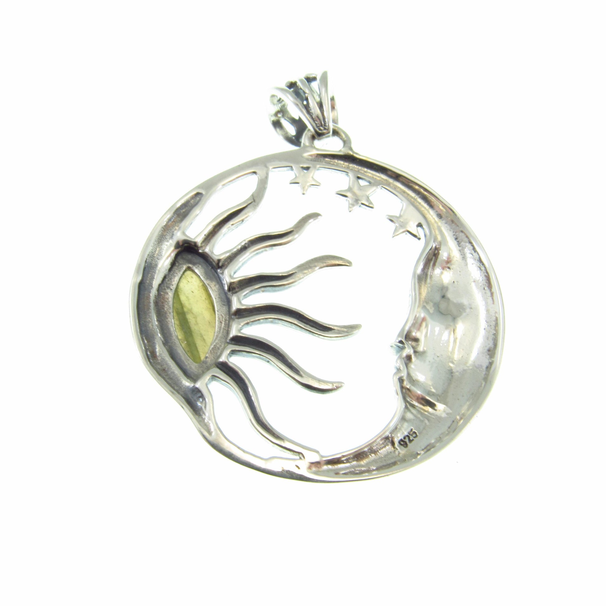 Solid 925 Sterling Silver Sun and Moon Pendant – Labradorite or Rainbow Moonstone Necklace Amulet, Stars & Celestial Jewelry, Wiccan Gift