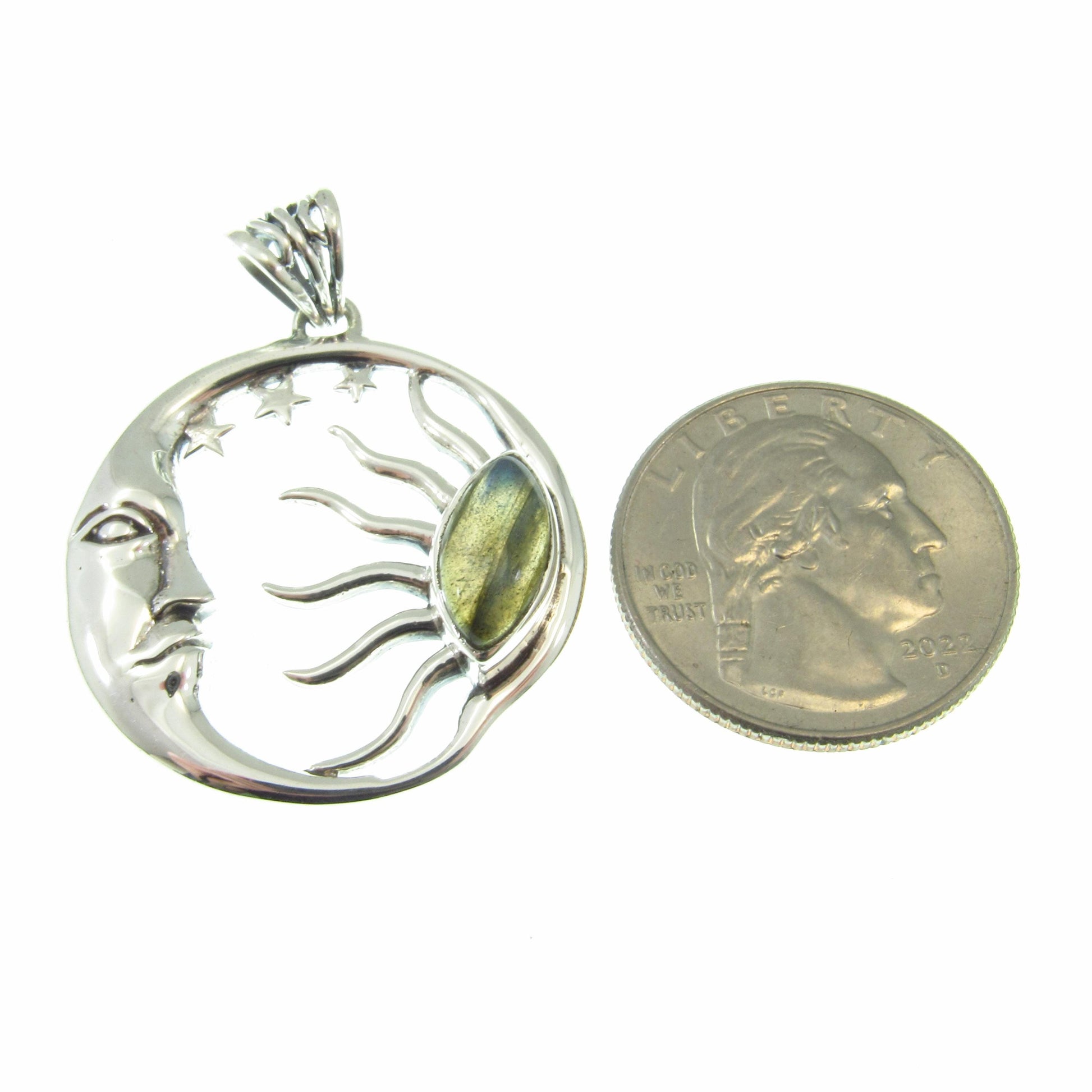 Solid 925 Sterling Silver Sun and Moon Pendant – Labradorite or Rainbow Moonstone Necklace Amulet, Stars & Celestial Jewelry, Wiccan Gift