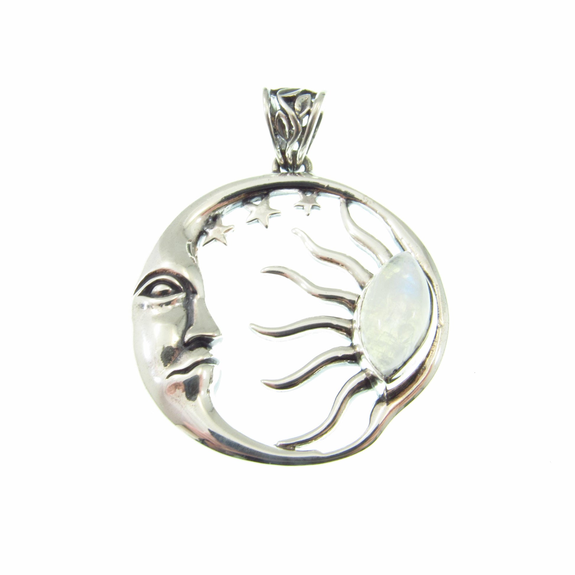 Solid 925 Sterling Silver Sun and Moon Pendant – Labradorite or Rainbow Moonstone Necklace Amulet, Stars & Celestial Jewelry, Wiccan Gift