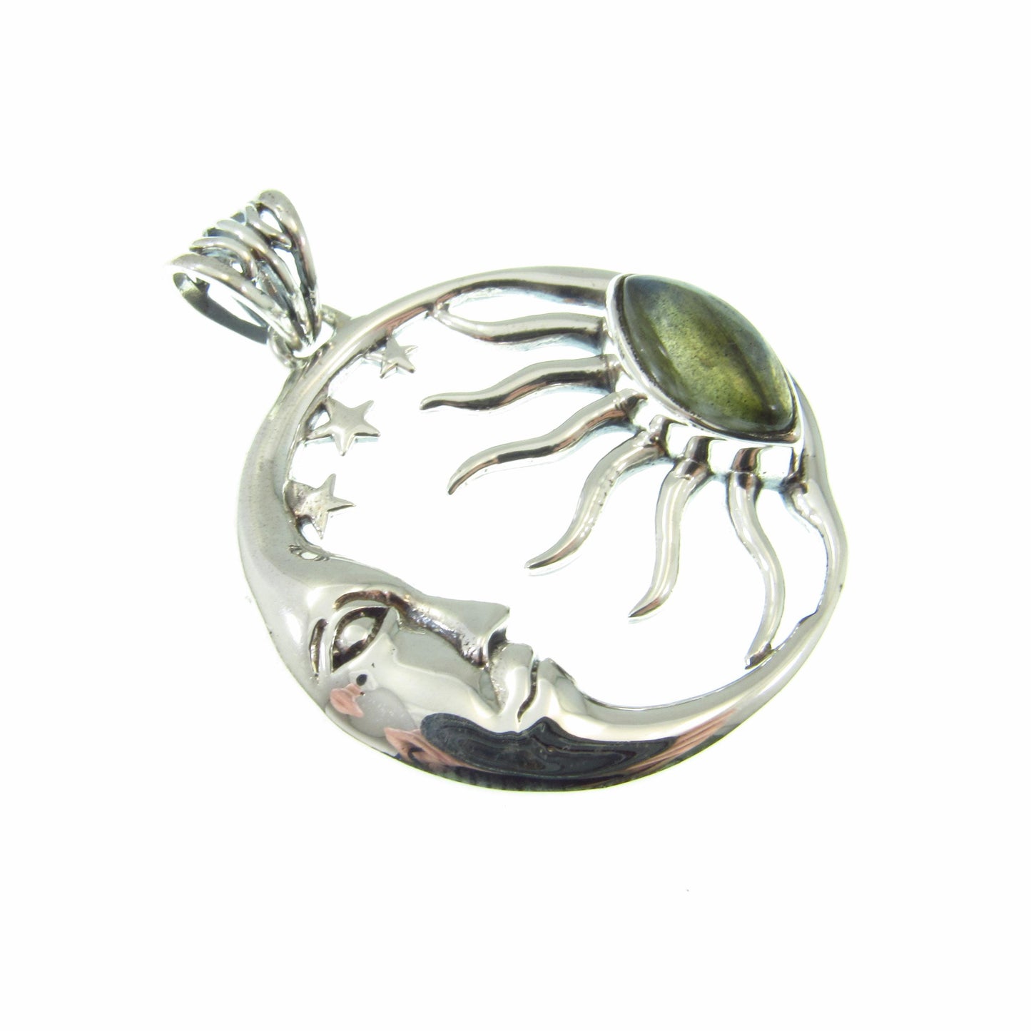 Solid 925 Sterling Silver Sun and Moon Pendant – Labradorite or Rainbow Moonstone Necklace Amulet, Stars & Celestial Jewelry, Wiccan Gift