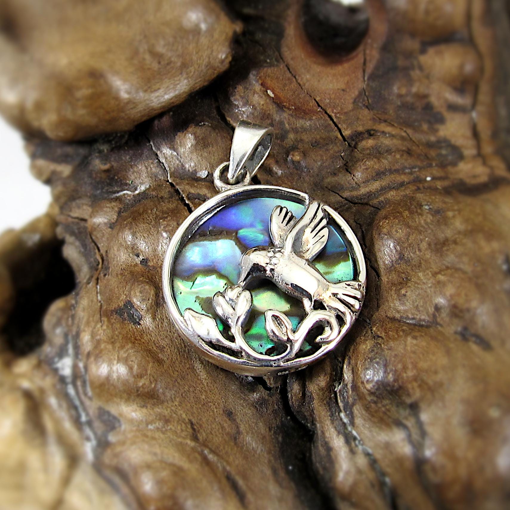 Solid 925 Sterling Silver Hummingbird & Flower Pendant - Colorful Rainbow Paua / Abalone Shell Inlay - Nature Inspired Jewelry Charm