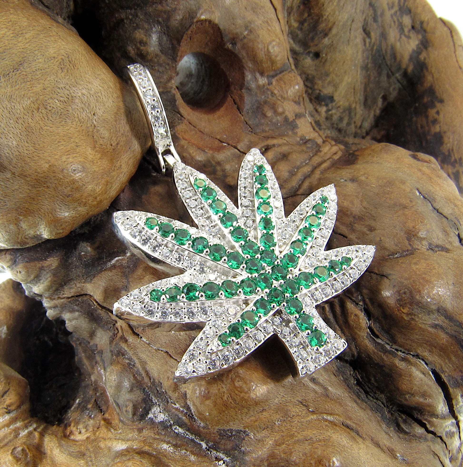 Men's Solid 925 Sterling Silver Cannibus Leaf Pendant, Rhodium Plated Iced Out Marijuana Plant, Hip Hop Jewelry with Green and Clear CZs
