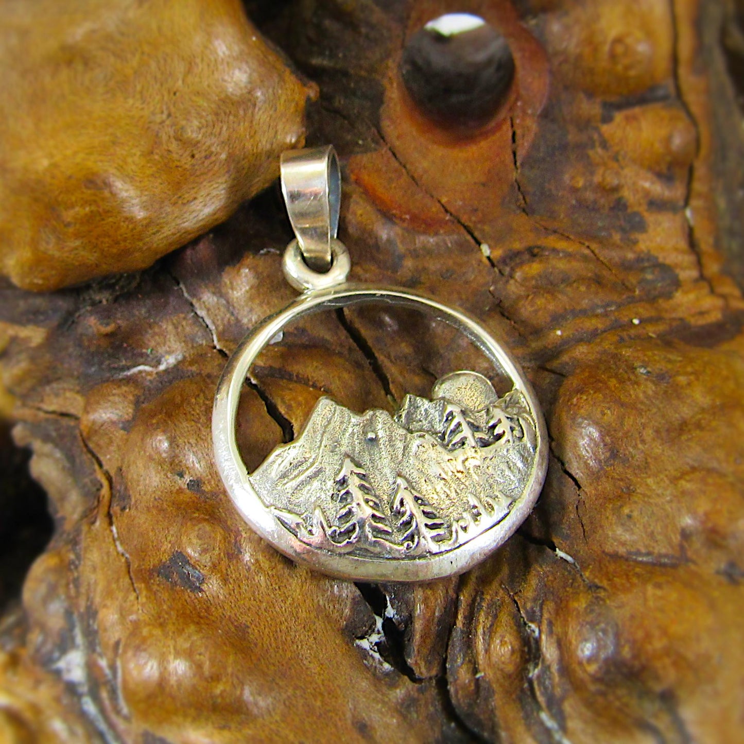 Solid 925 Sterling Silver Mountain and Forest Pendant, Handcrafted Nature Scene Jewelry, Mountains and Trees Charm, Sunrise Landscape Medal