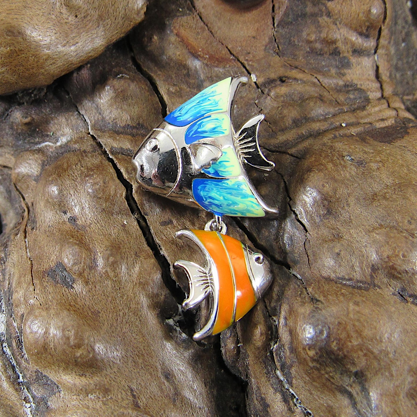Solid 925 Sterling Silver & Enamel Fish Pendant, Blue and Orange Fishes Slide Charm, Handcrafted Women's Ornate Art Deco Jewelry for Her
