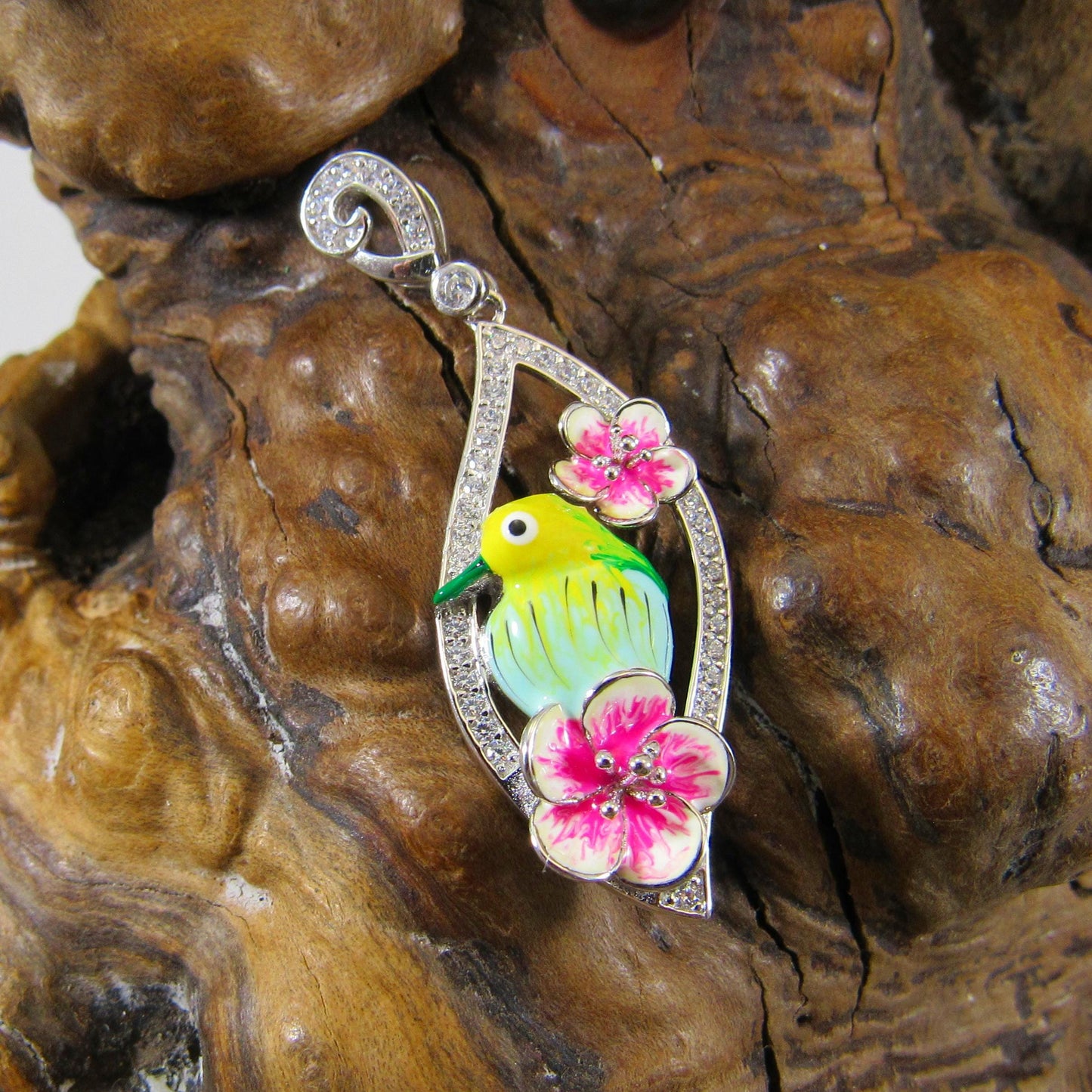 Solid 925 Sterling Silver & Enamel Bird and Flower Pendant, Handcrafted Charm, Ornate Art Deco Pink Flowers, Nature Jewelry for Her