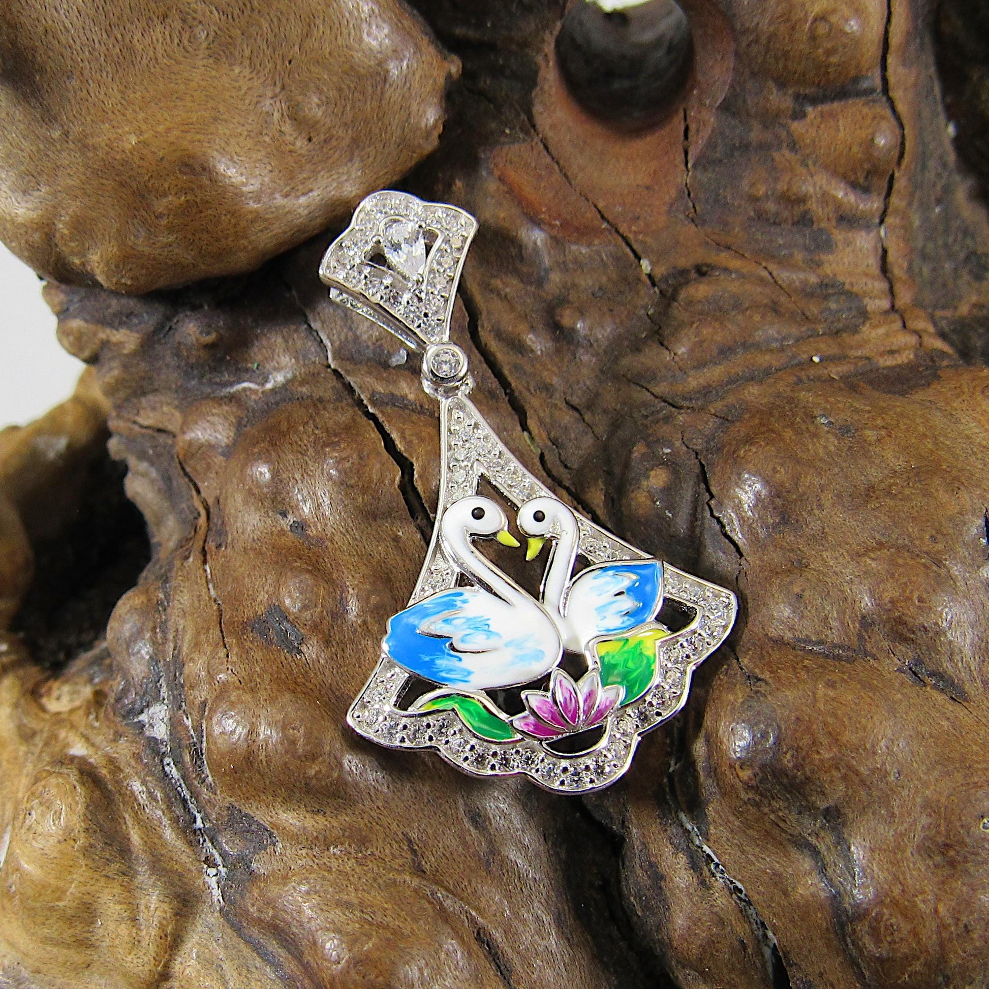 Solid 925 Sterling Silver Swan Pendant, Blue & White Enamel Swans and Flower Scene, Handcrafted Art Deco Charm, Vintage Style Summer Jewelry
