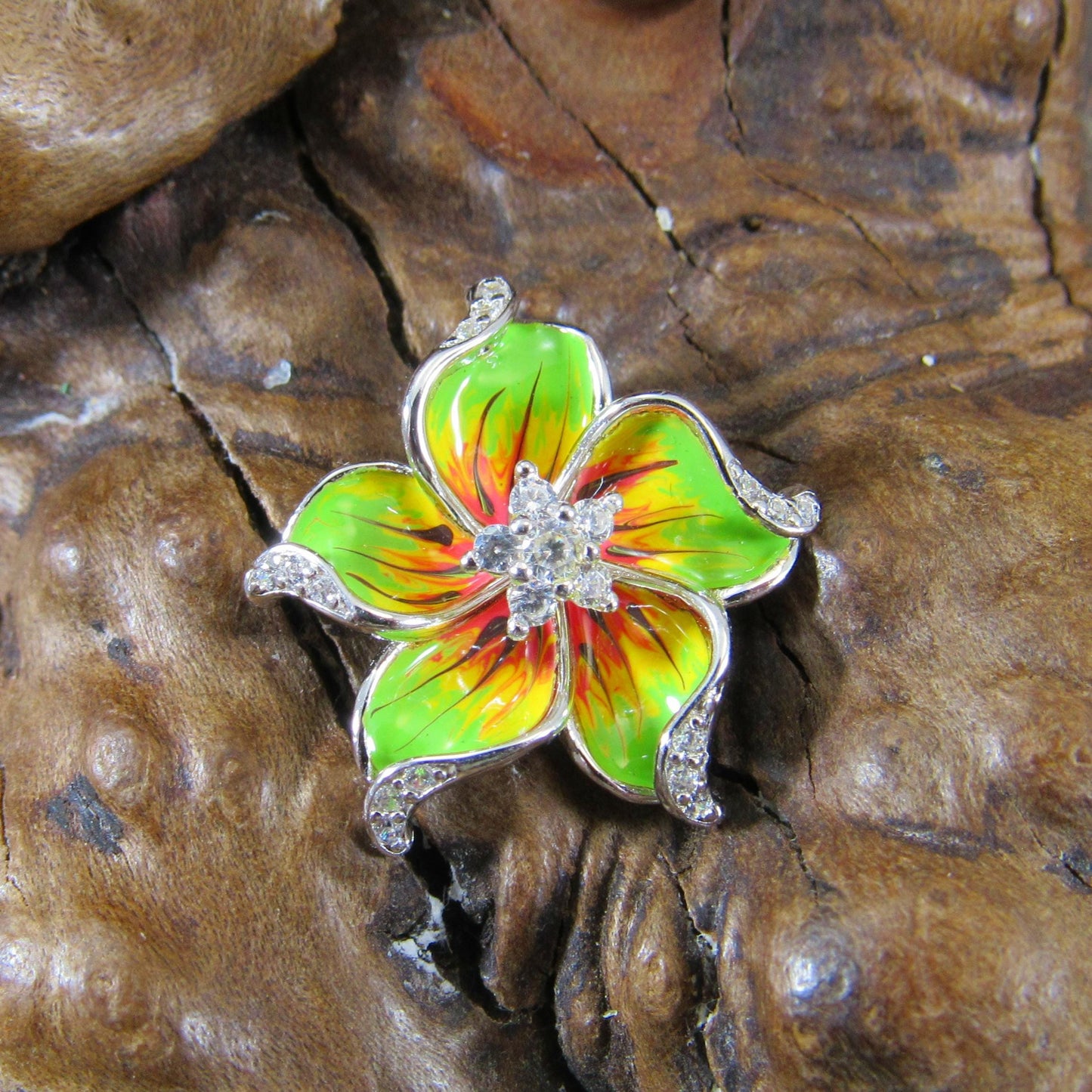 Solid 925 Sterling Silver & Enamel Hibiscus Flower Slide Pendant, Colorful Green Yellow and Red Charm, Handcrafted Floral Jewelry with CZs