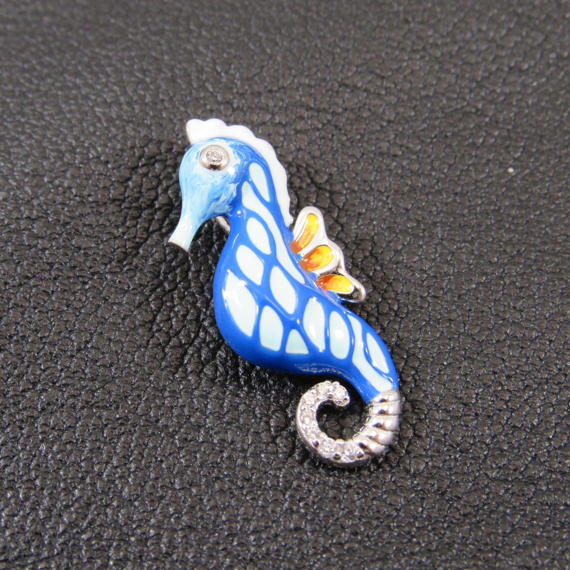 Solid 925 Sterling Silver & Enamel Seahorse Slide Pendant, Blue and White Sea Horse, Handcrafted Sea Lion Charm, Ornate Art Deco Jewelry