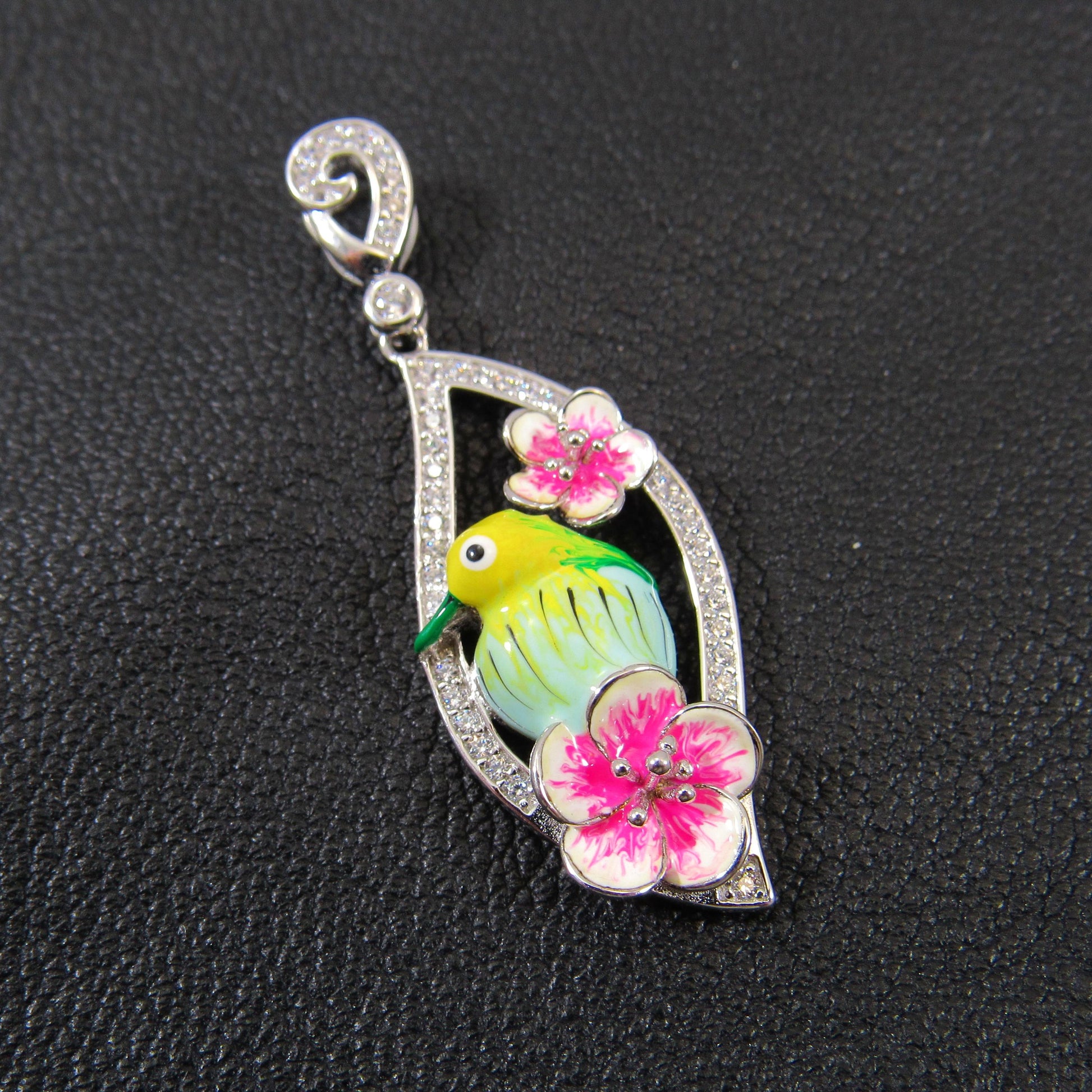 Solid 925 Sterling Silver & Enamel Bird and Flower Pendant, Handcrafted Charm, Ornate Art Deco Pink Flowers, Nature Jewelry for Her