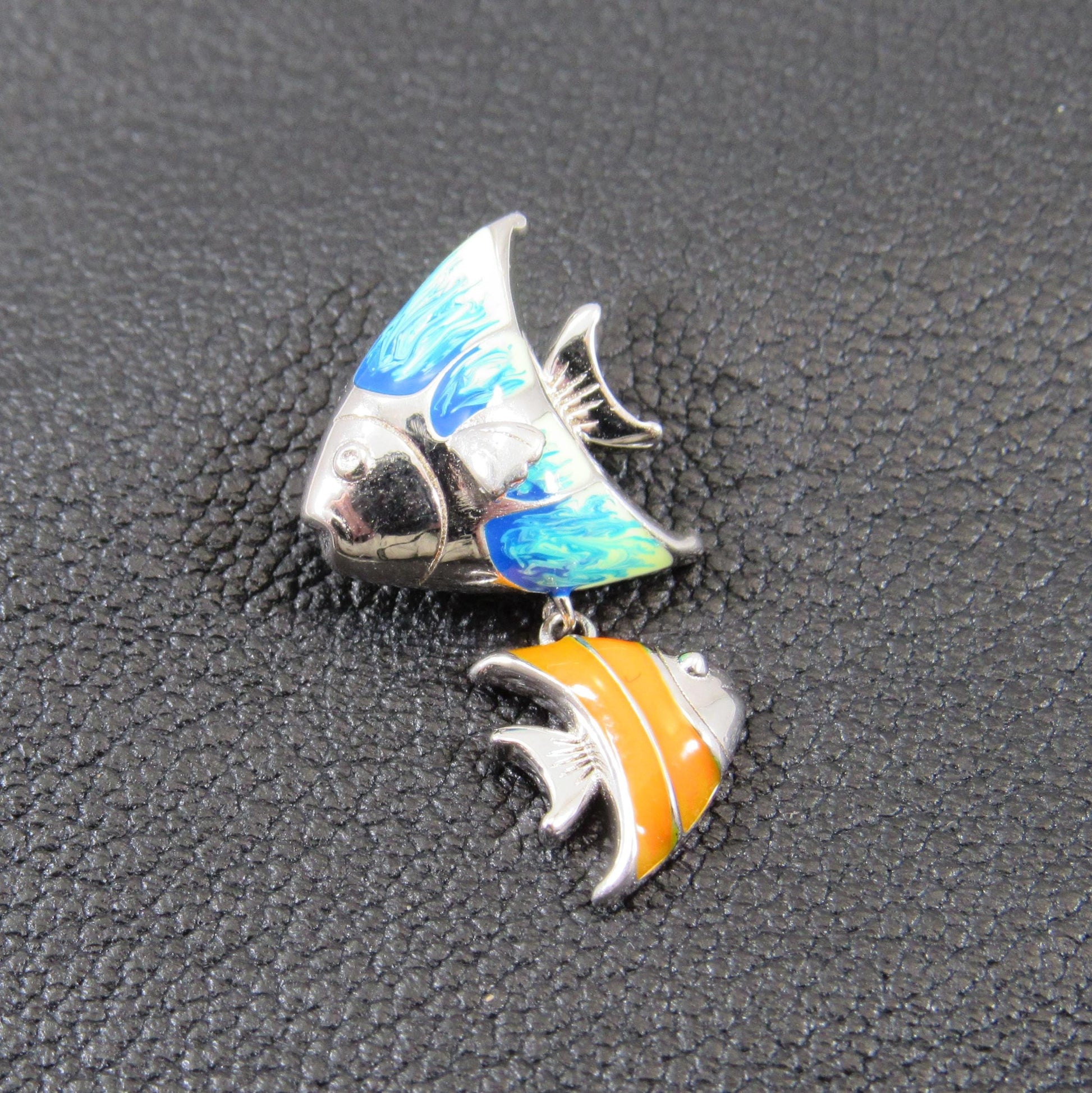 Solid 925 Sterling Silver & Enamel Fish Pendant, Blue and Orange Fishes Slide Charm, Handcrafted Women's Ornate Art Deco Jewelry for Her